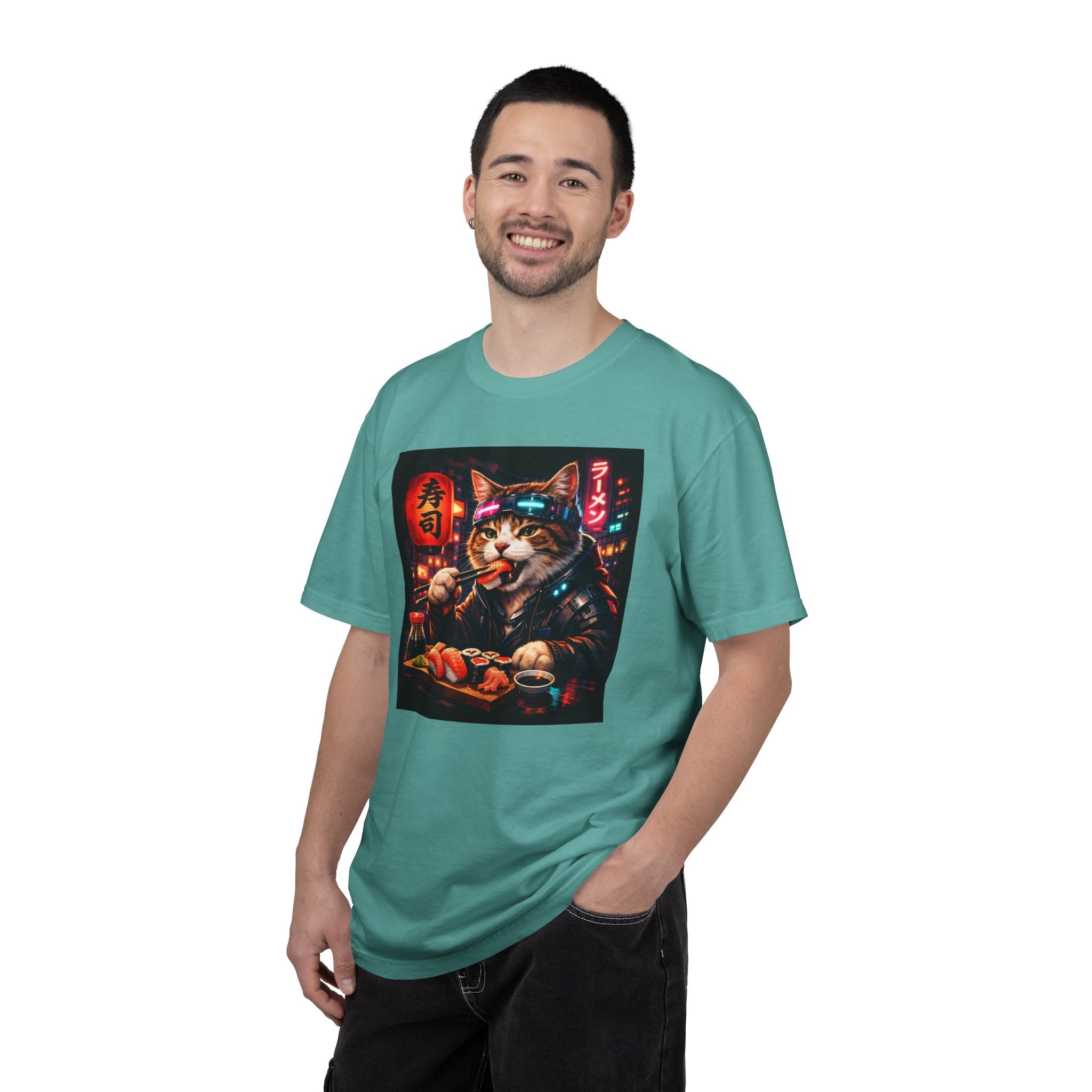 Sushi-Eating Cat T-Shirt | Neon Japanese Street Food Art