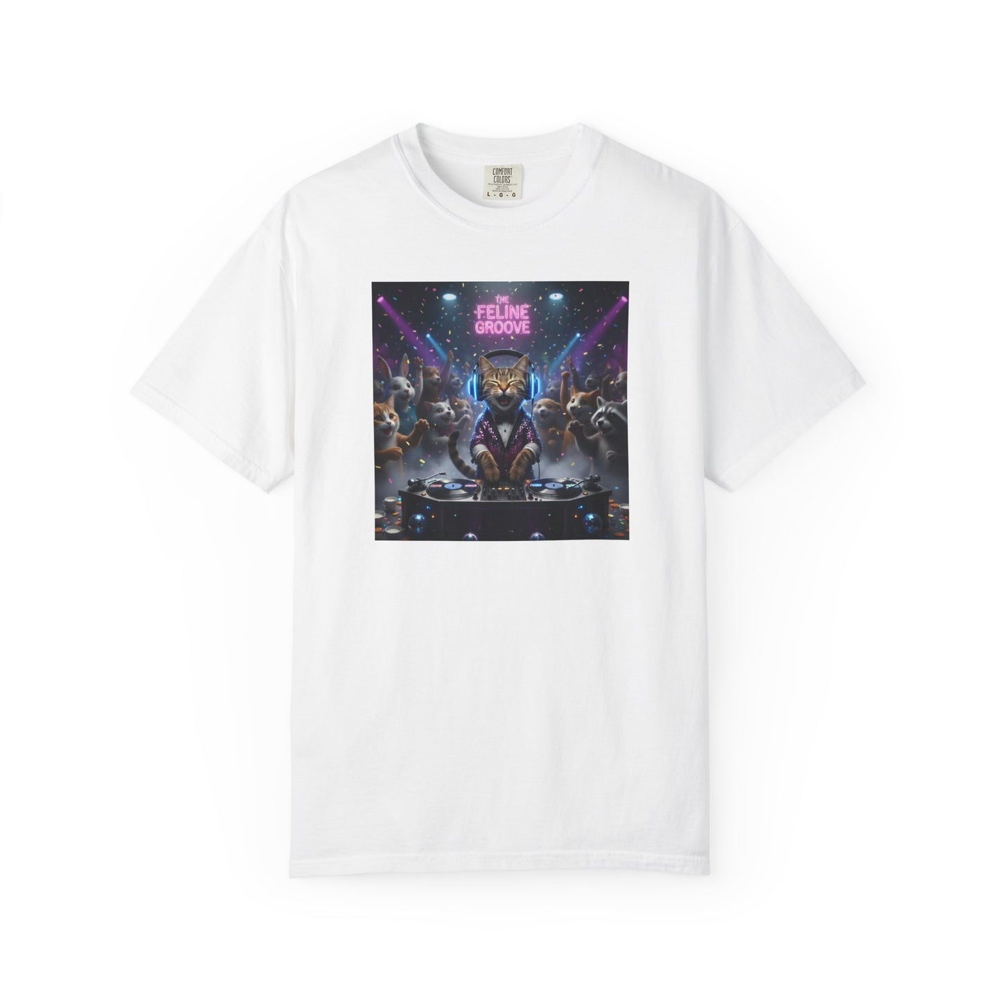 Feline Groove DJ Cat Illustration T-Shirt | Retro Neon Club Scene