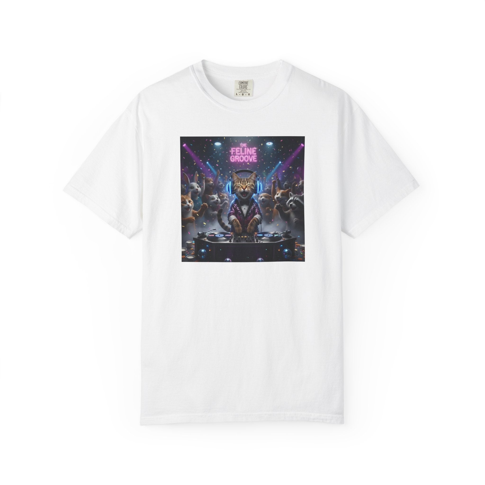 Feline Groove DJ Cat Illustration T-Shirt | Retro Neon Club Scene