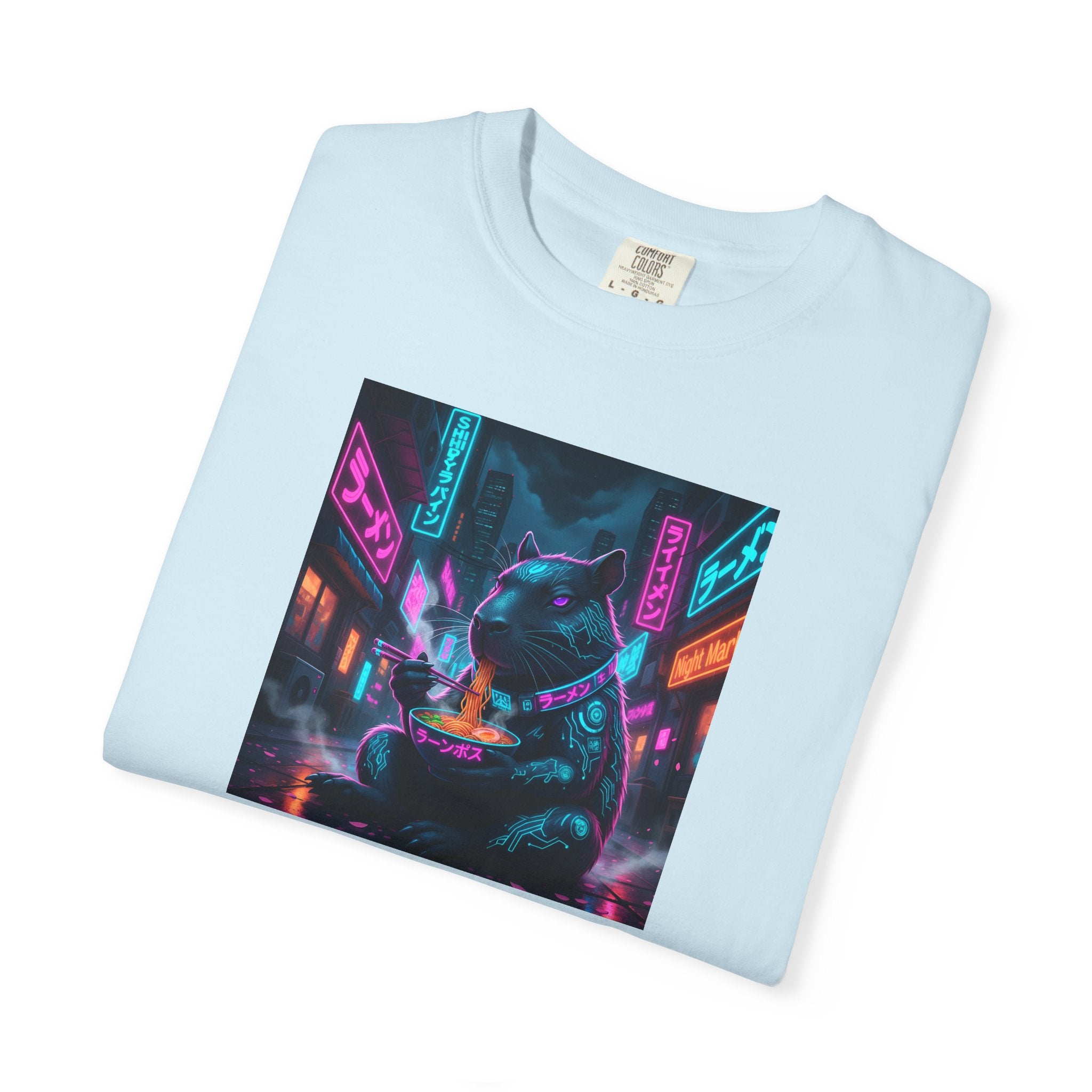 Neon Cyberpunk Capybara Cityscape T-Shirt | Futuristic Night Street Art