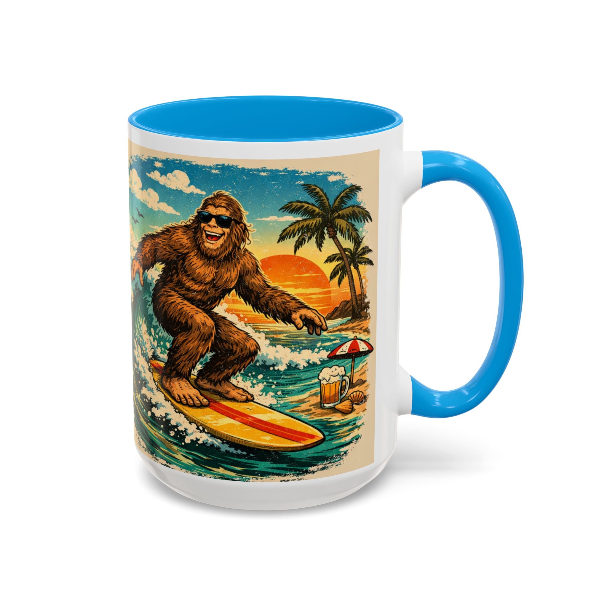Surfing Bigfoot Mug | Retro Beach Sunset Bigfoot Wave Coffee Cup
