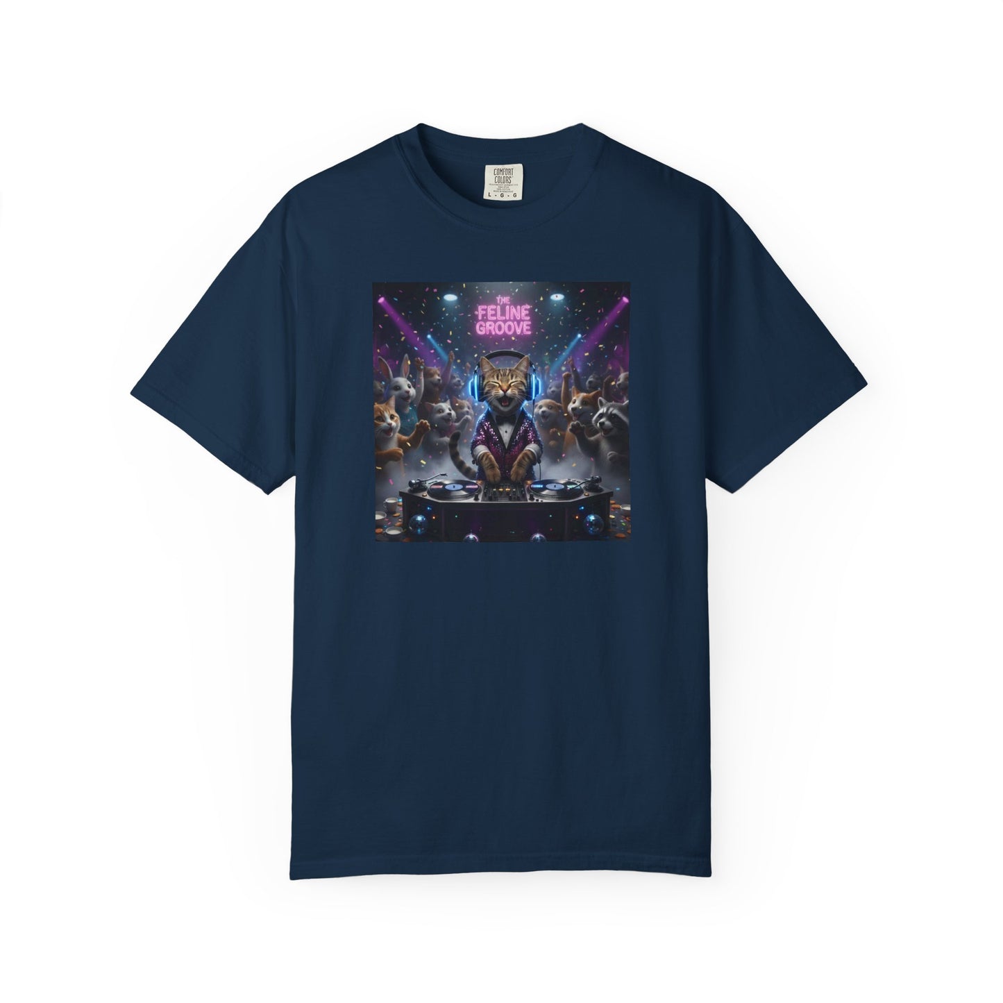 Feline Groove DJ Cat Illustration T-Shirt | Retro Neon Club Scene