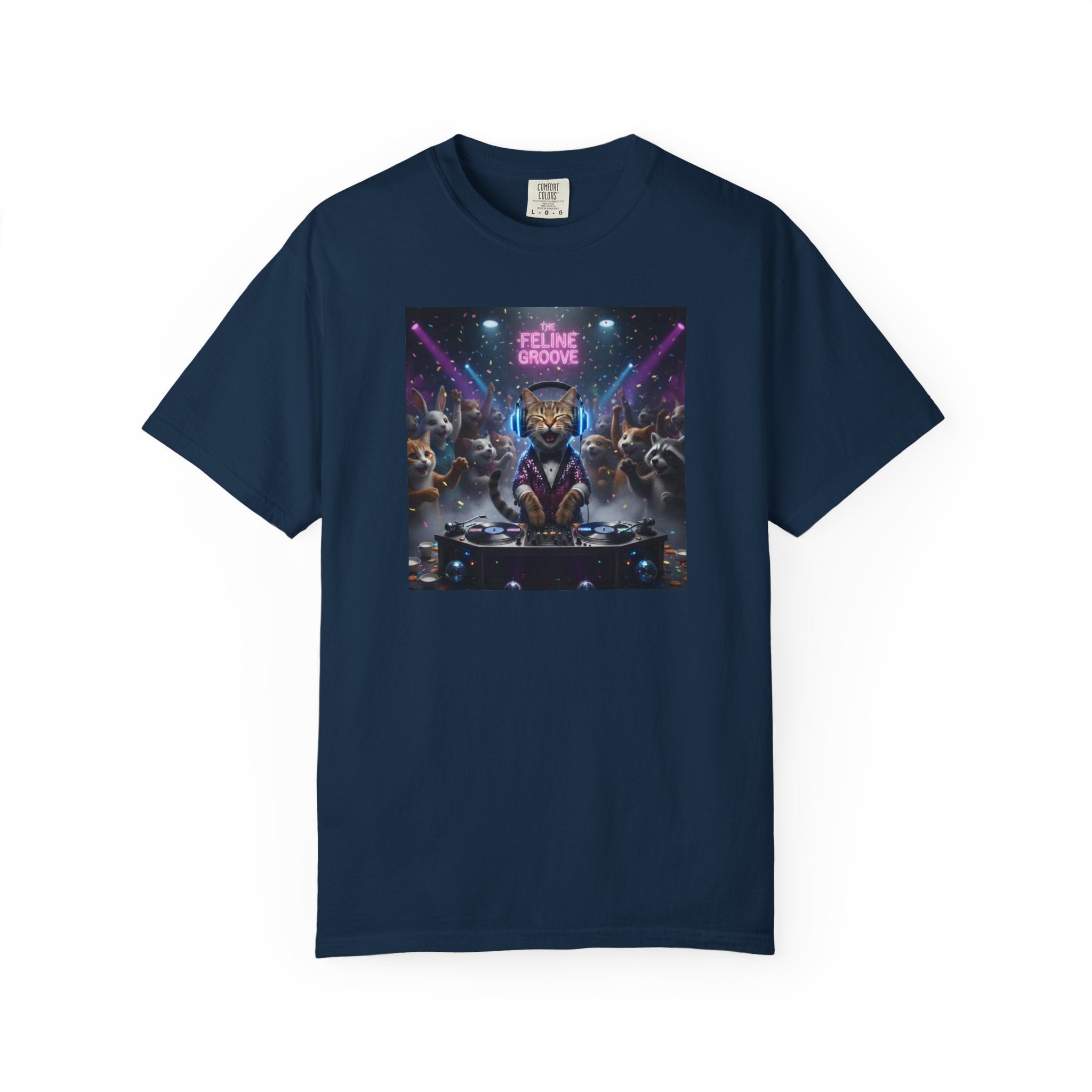 Feline Groove DJ Cat Illustration T-Shirt | Retro Neon Club Scene