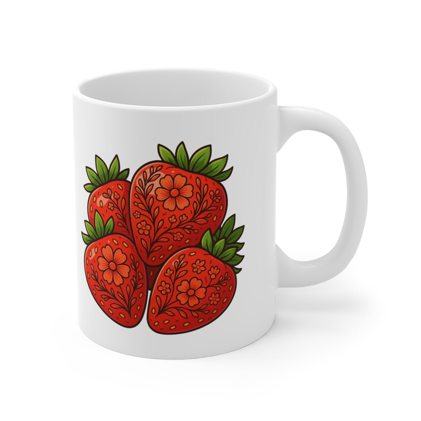 Floral Strawberries Mug | Hand-Drawn Fruit Illustration, Kitchen Ceramic Coffee Cup