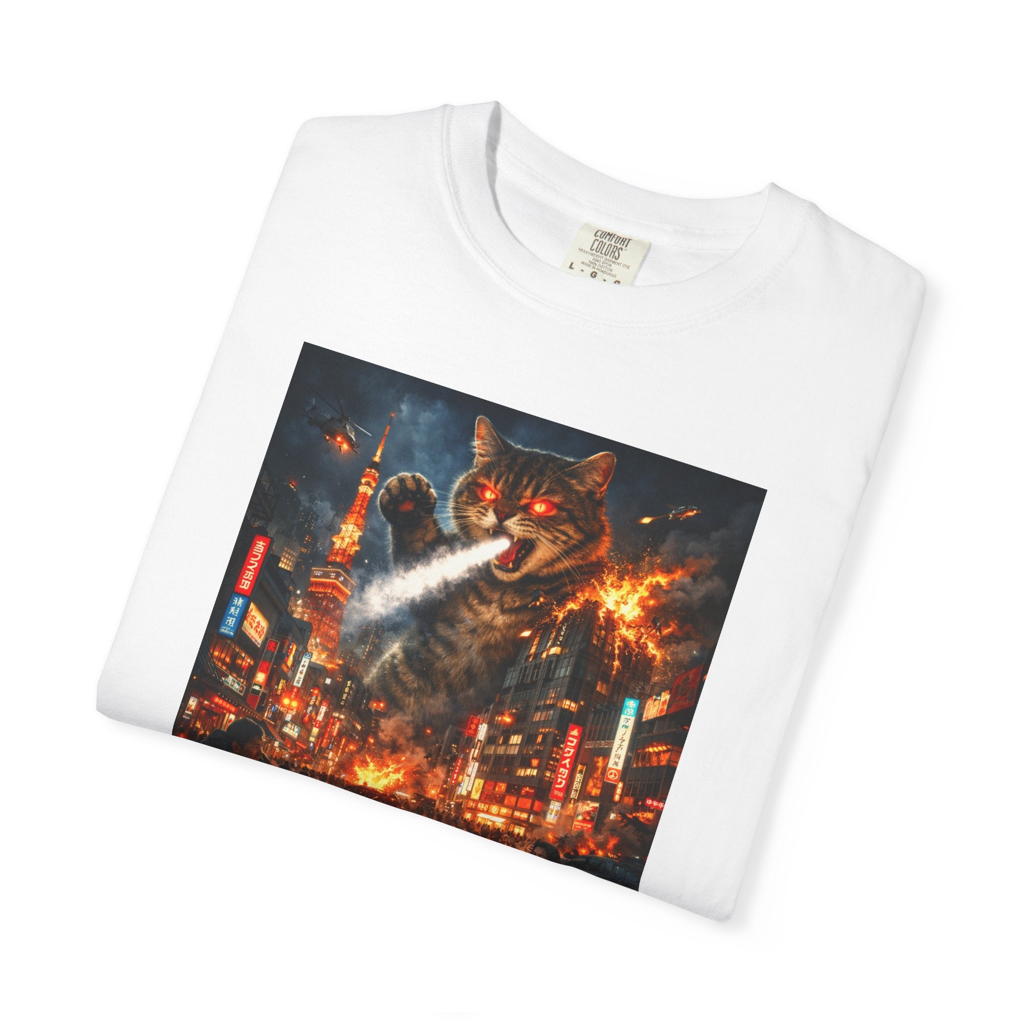 Giant Catzilla Kaiju Rampage T-Shirt | Neon City Monster Battle