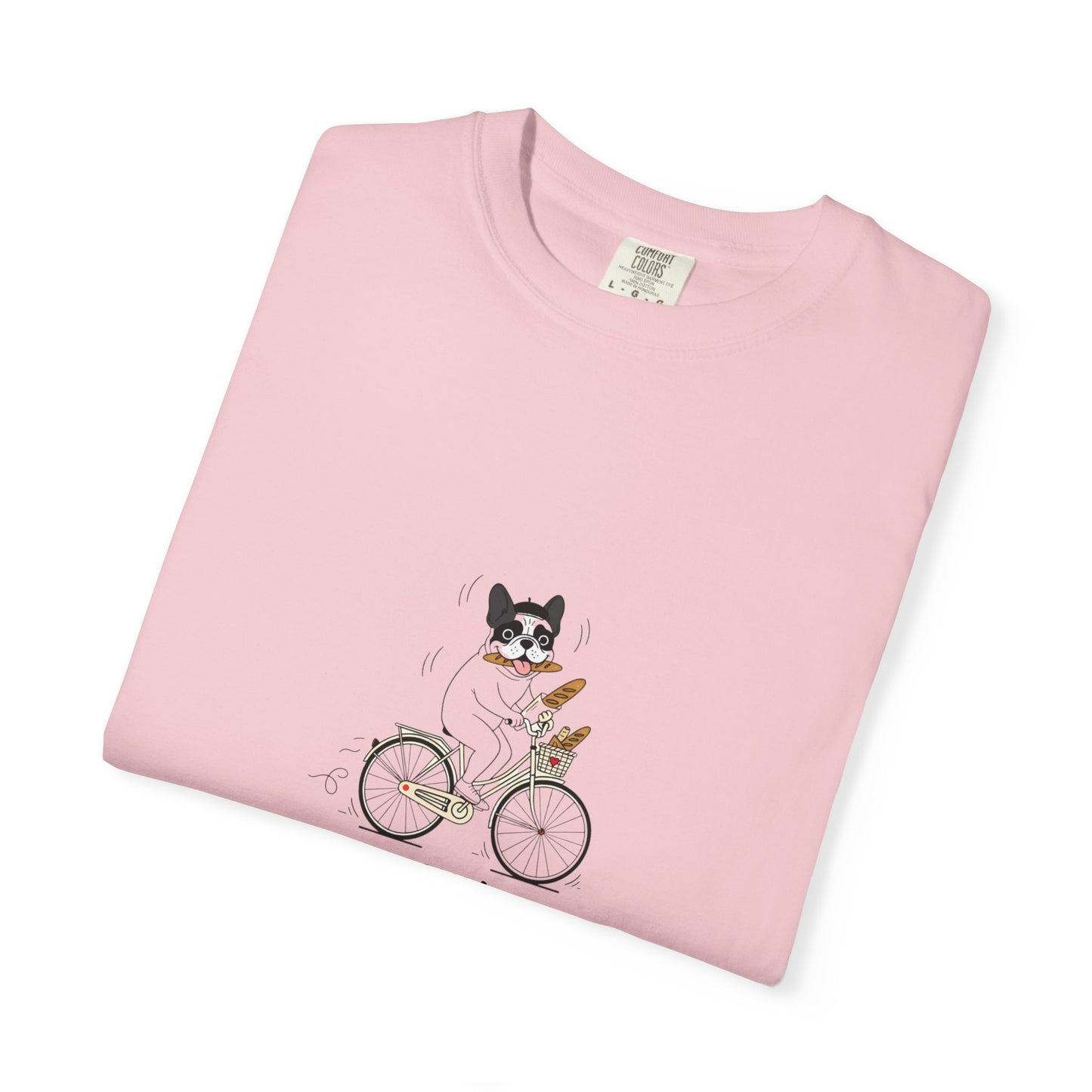 French Bulldog on Bicycle T-shirt | Cute Dog Illustration, 'Oui!' Text