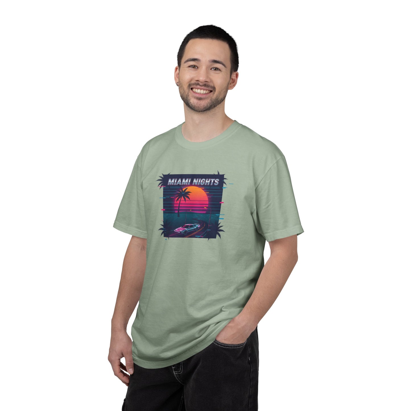 Miami Nights Sunset Palm T-shirt | Retro Vaporwave Beach Scene
