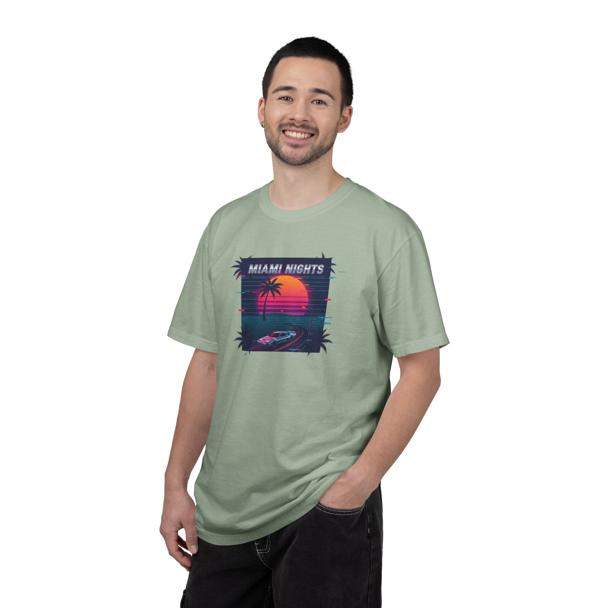 Miami Nights Sunset Palm T-shirt | Retro Vaporwave Beach Scene
