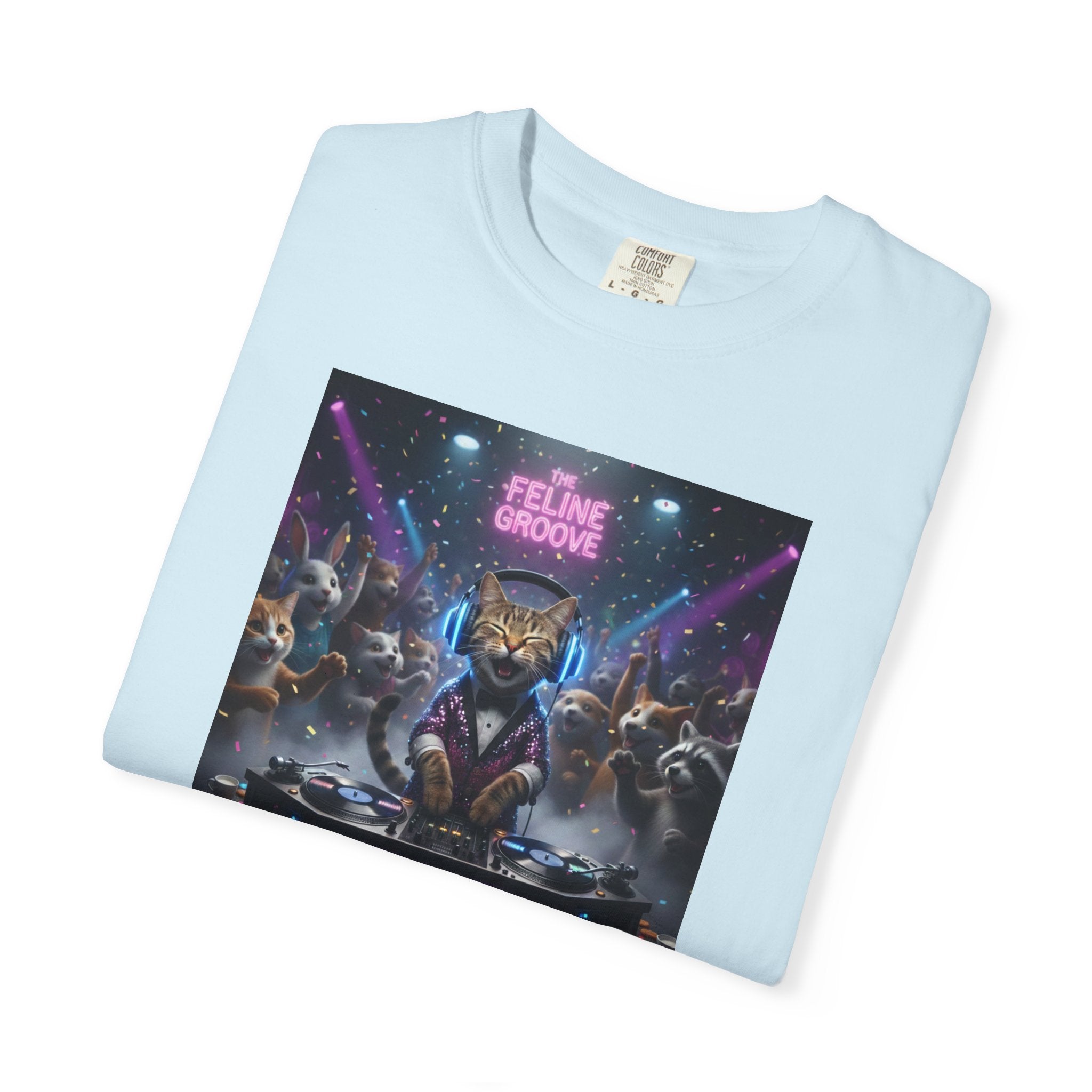 Feline Groove DJ Cat Illustration T-Shirt | Retro Neon Club Scene