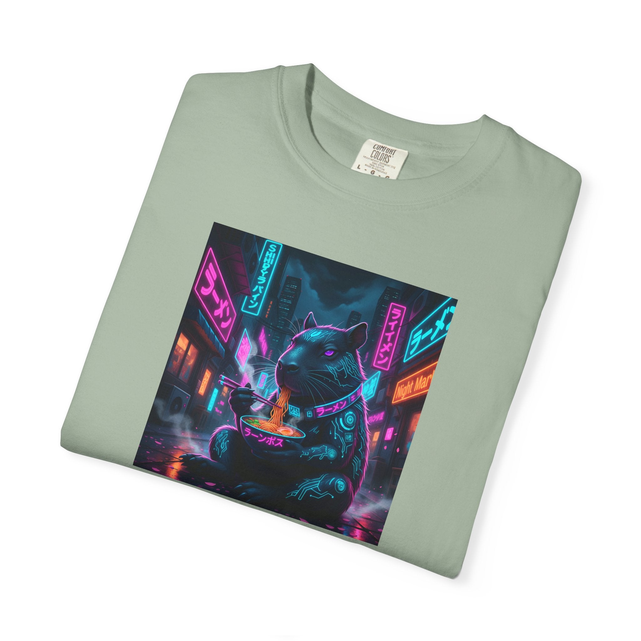 Neon Cyberpunk Capybara Cityscape T-Shirt | Futuristic Night Street Art