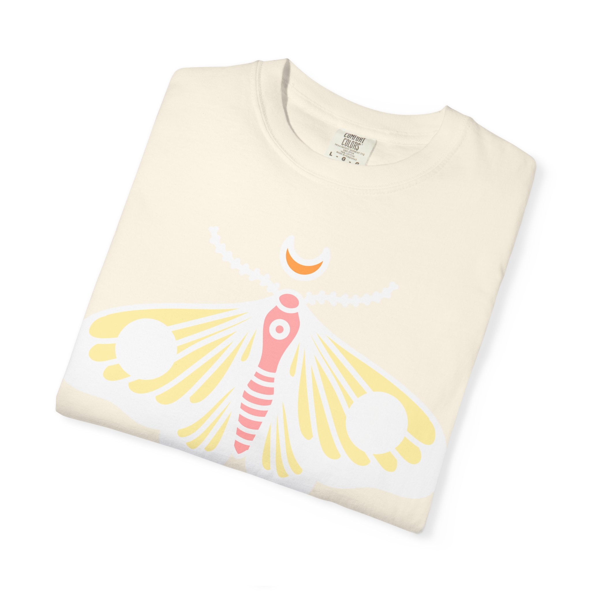Celestial Moth T-shirt | Pink Yellow Moth with Crescent Moon