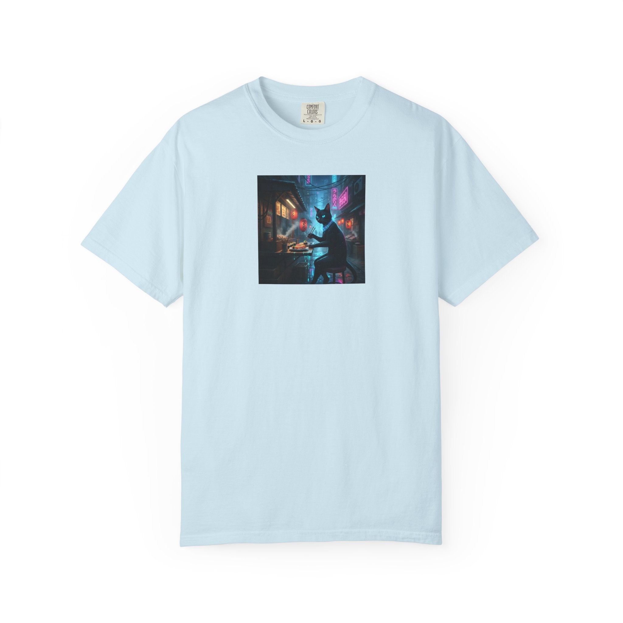 Cyberpunk Cat Sushi T-shirt | Neon Japan Noir