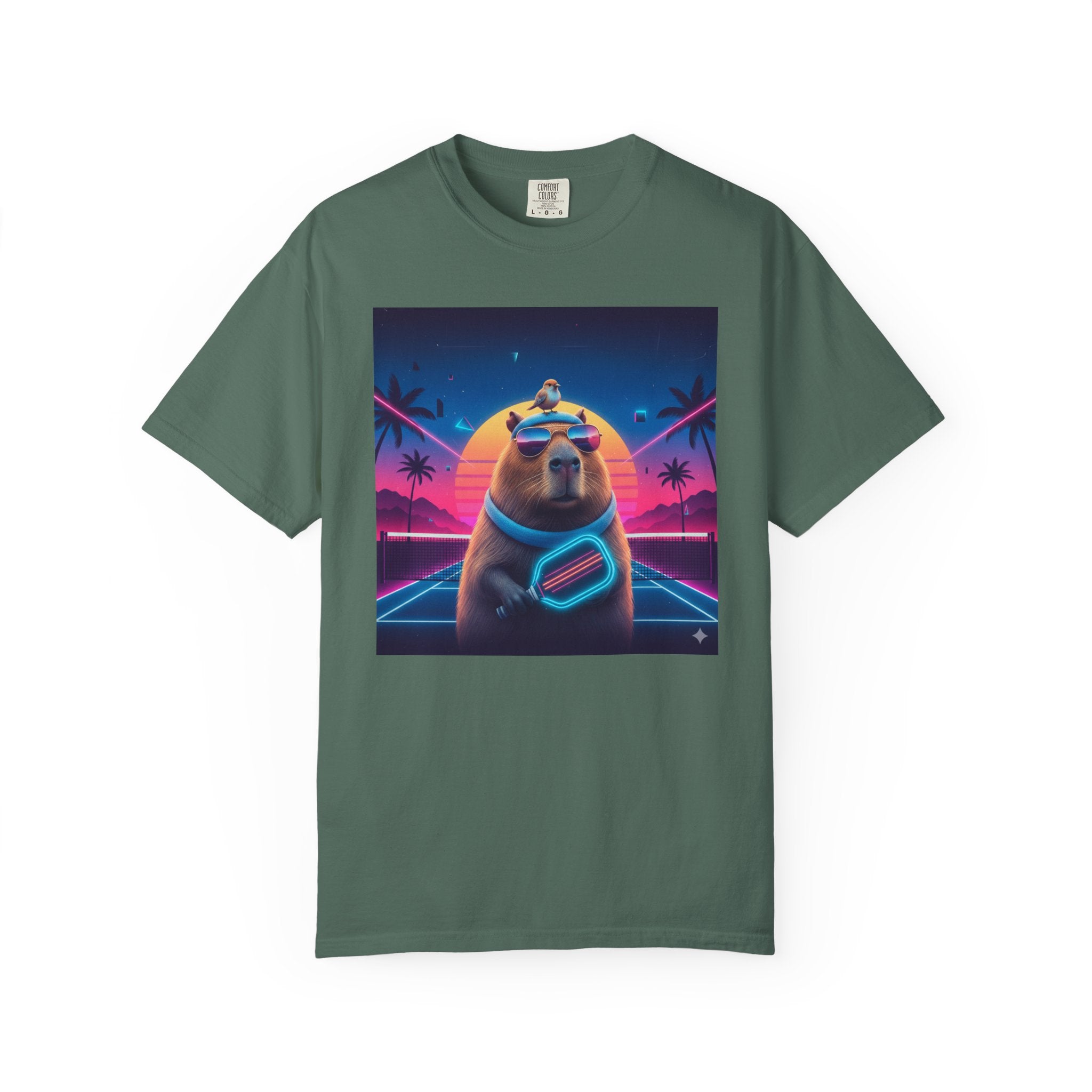 Retro Vaporwave Capybara with Sunglasses T-shirt | Neon Sunset Palm Trees