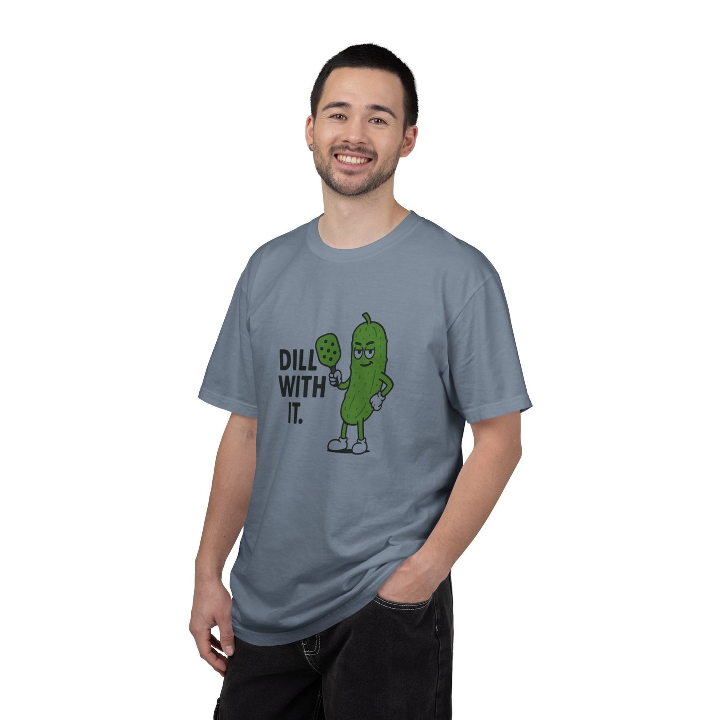 Dill With It Pickle Character T-shirt | Funny Vegan Food Pun Tee