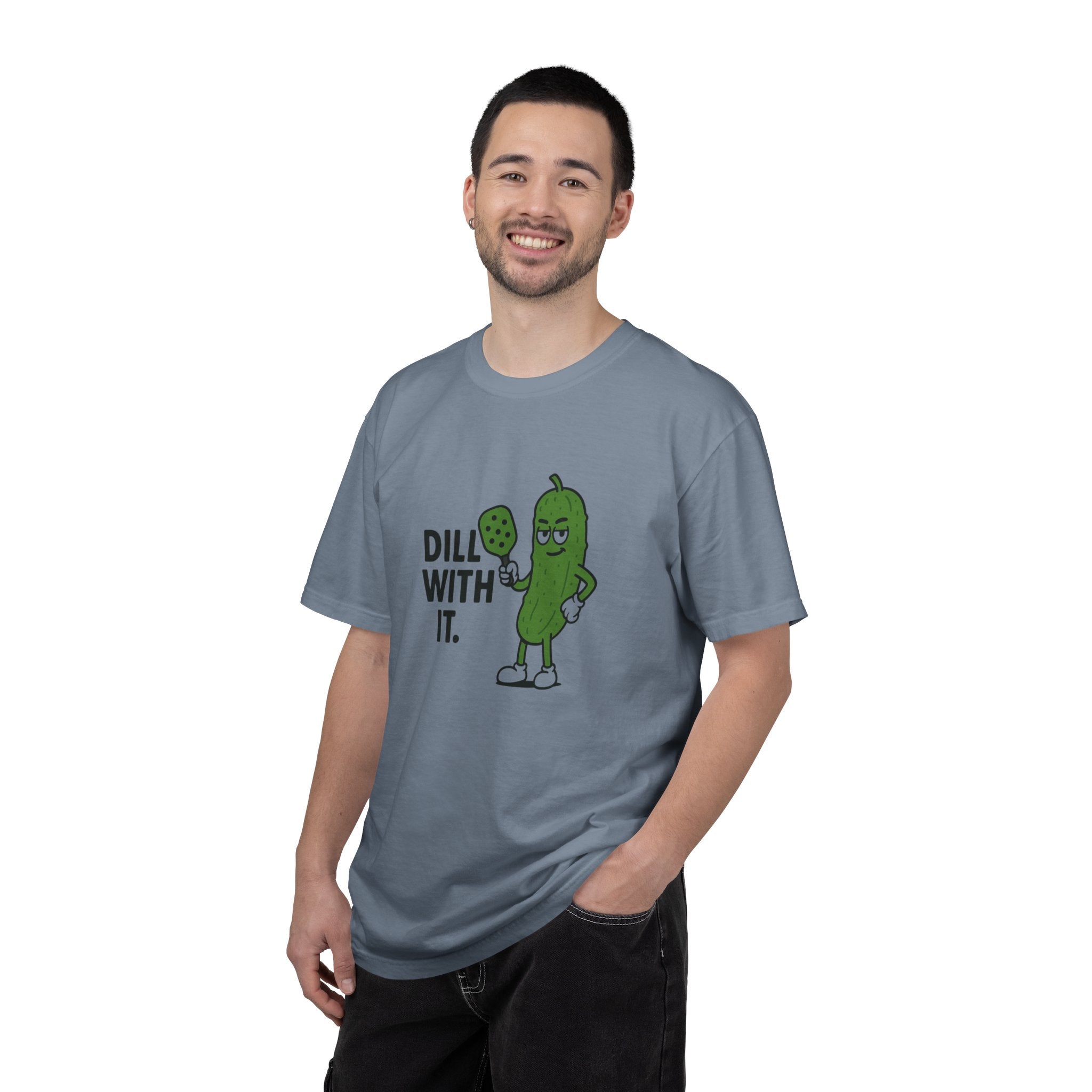 Dill With It Pickle Character T-shirt | Funny Vegan Food Pun Tee