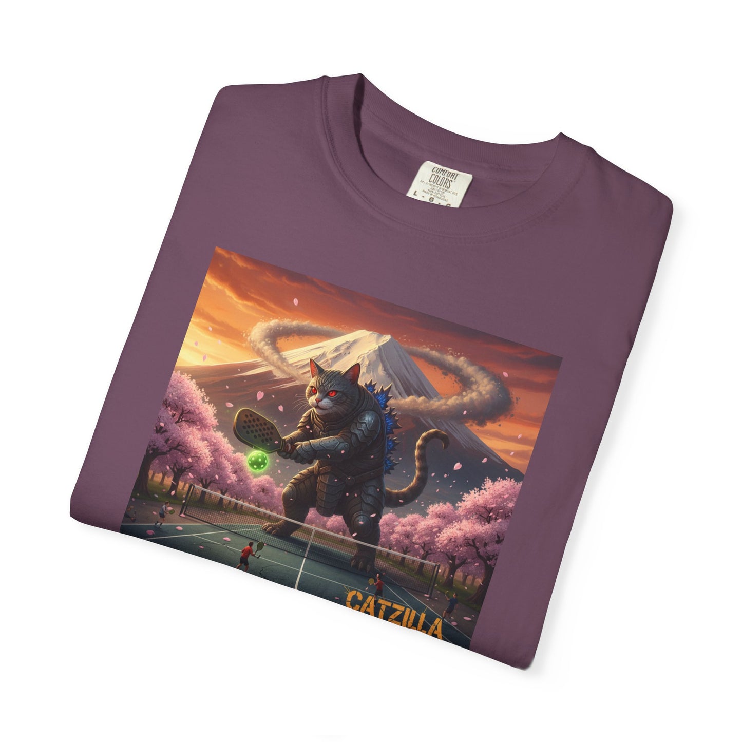 Catzilla Pickleball Destroyer T-shirt | Kaiju Cat Samurai, Mount Fuji Cherry Blossoms