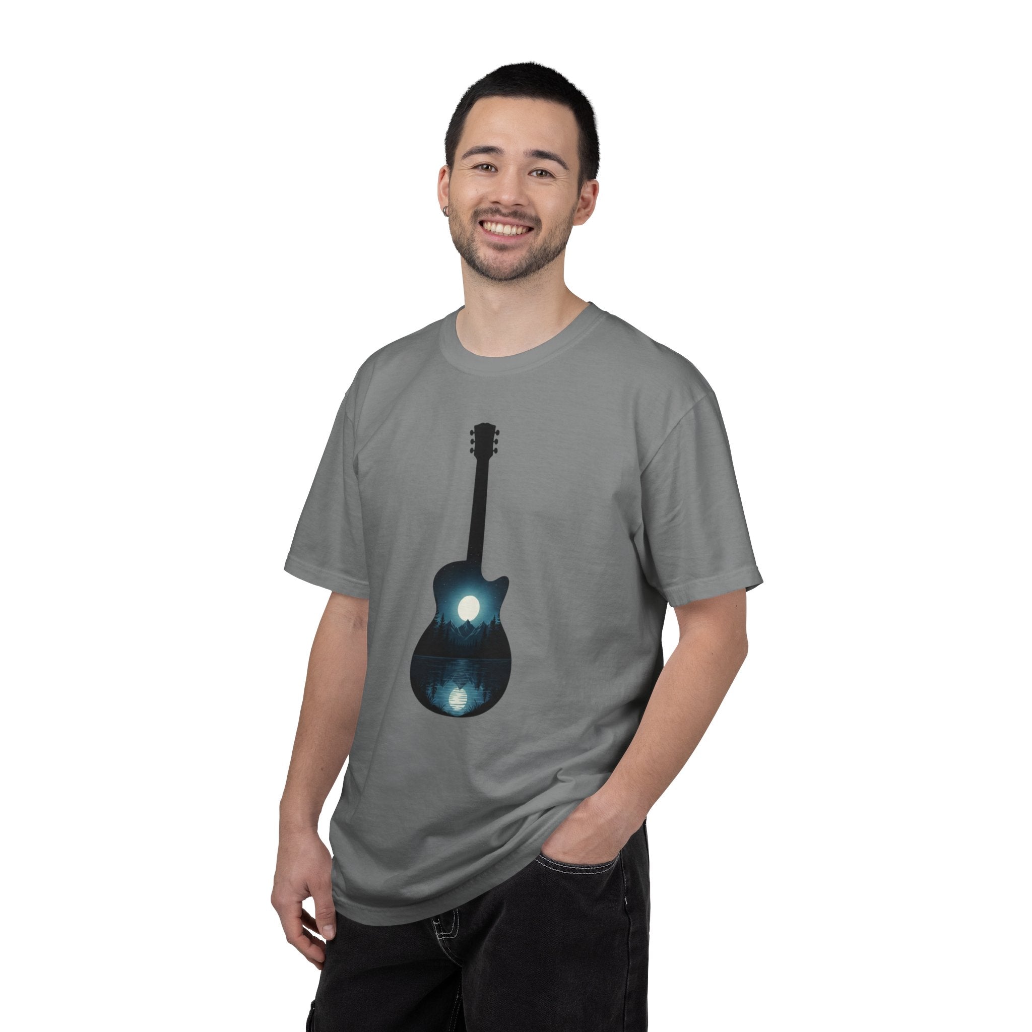 Moonlit Acoustic Guitar T-Shirt | Night Sky Guitar Silhouette