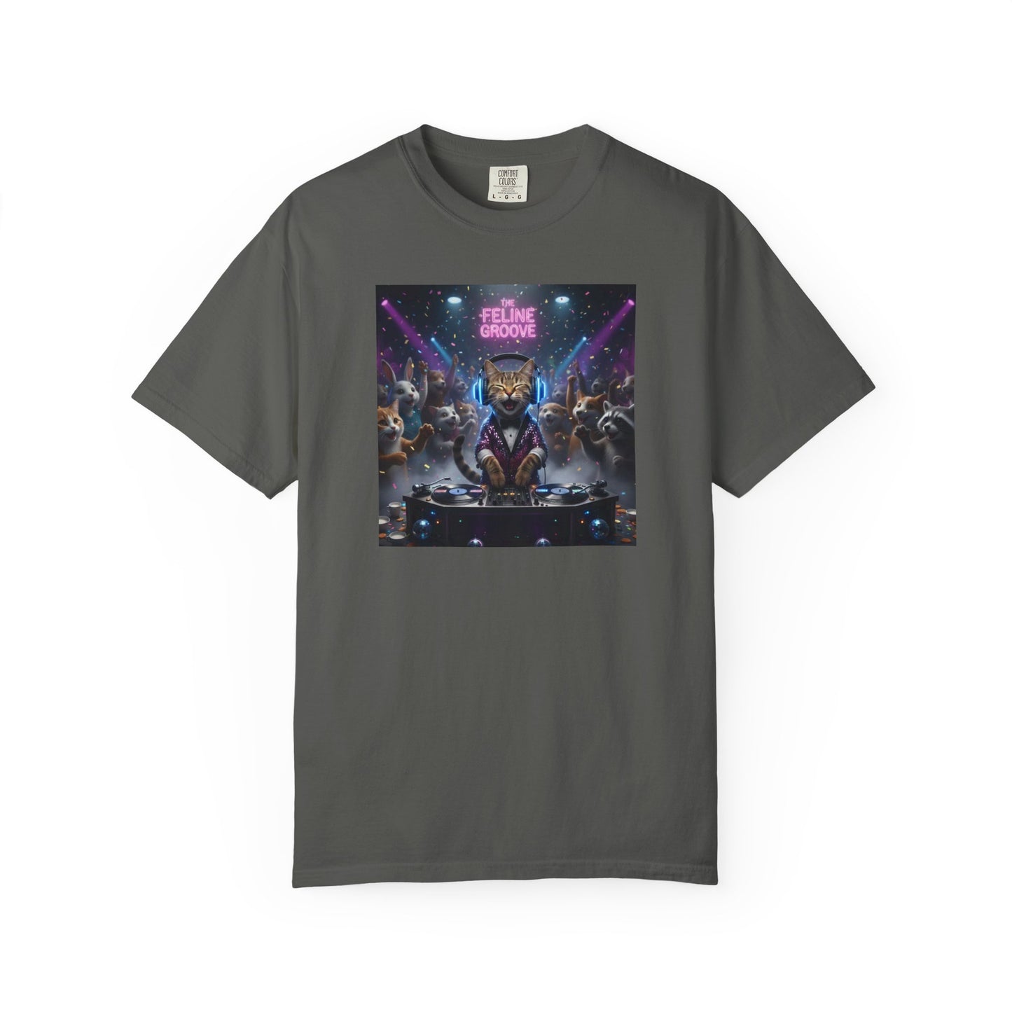 Feline Groove DJ Cat Illustration T-Shirt | Retro Neon Club Scene