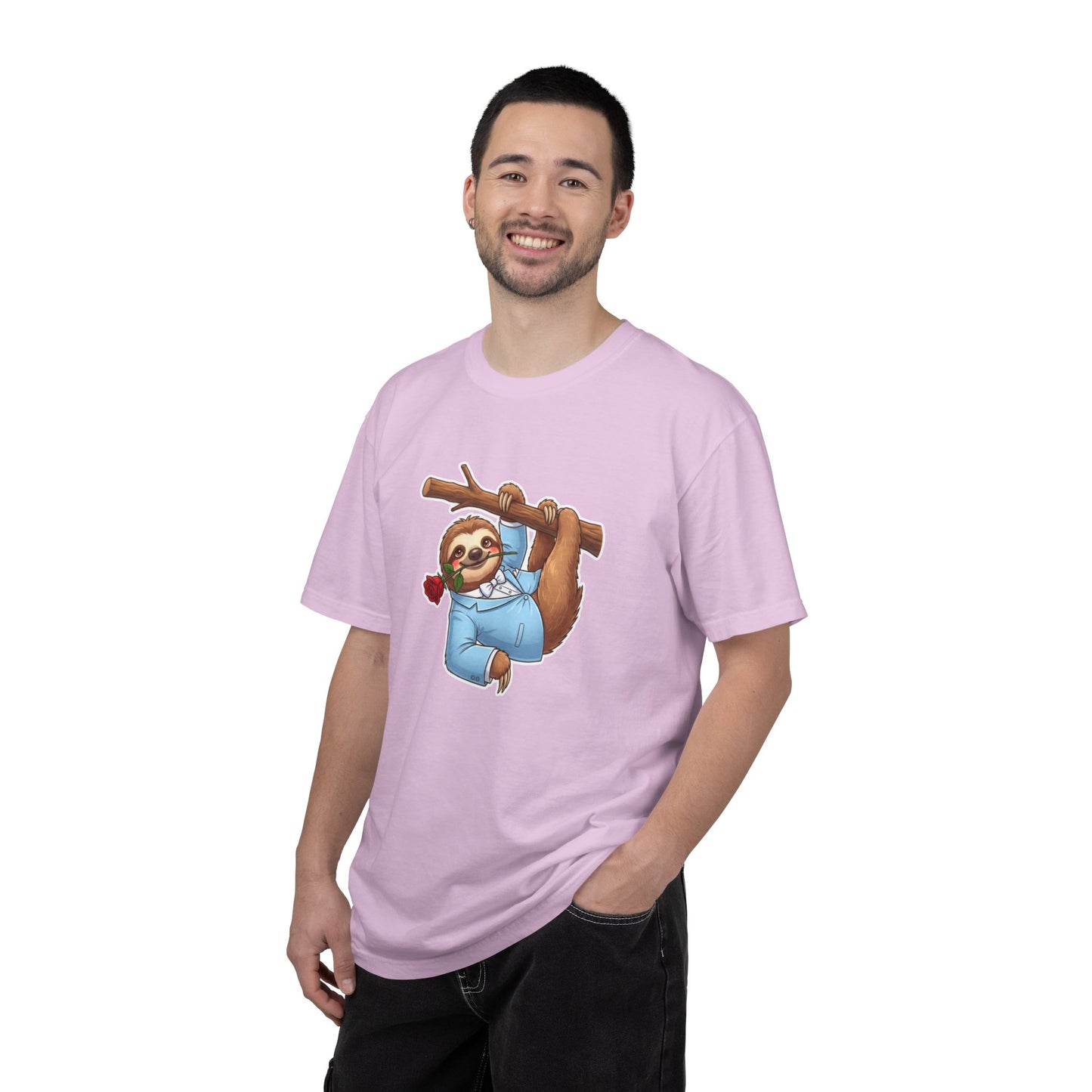 Sloth with Rose on Branch T-shirt | Cute Relaxed Animal Tee