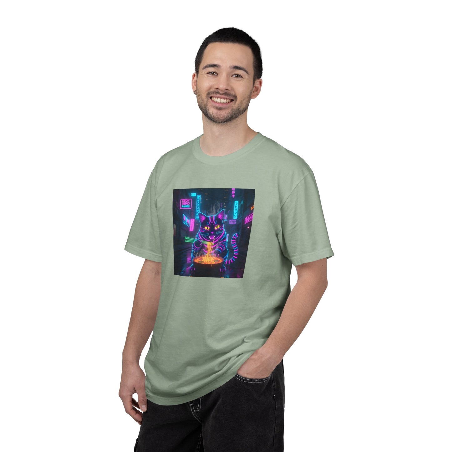 Neon Cyberpunk Cat Mystic Bowl T-shirt | Retro Futuristic Alley Art