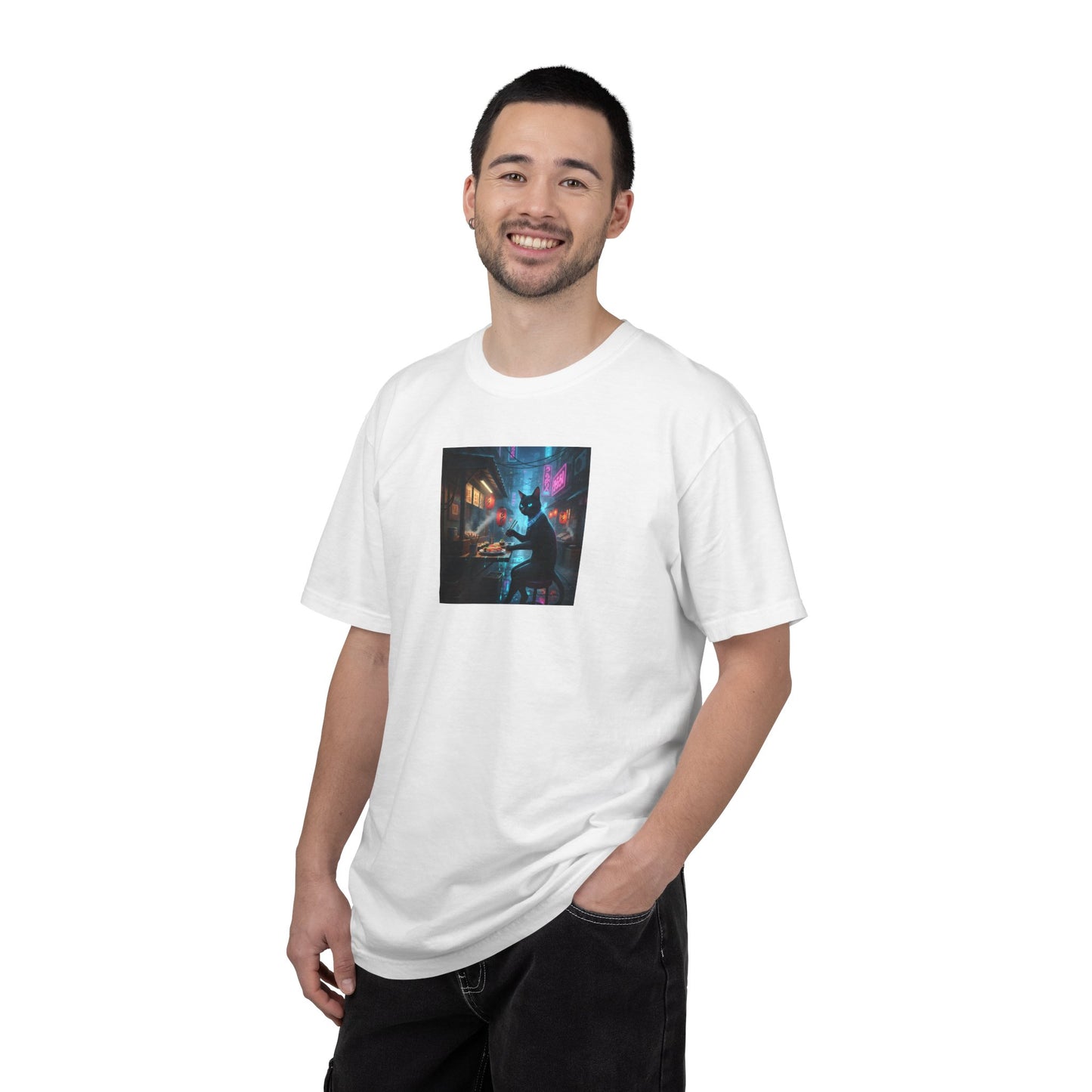Cyberpunk Cat Sushi T-shirt | Neon Japan Noir