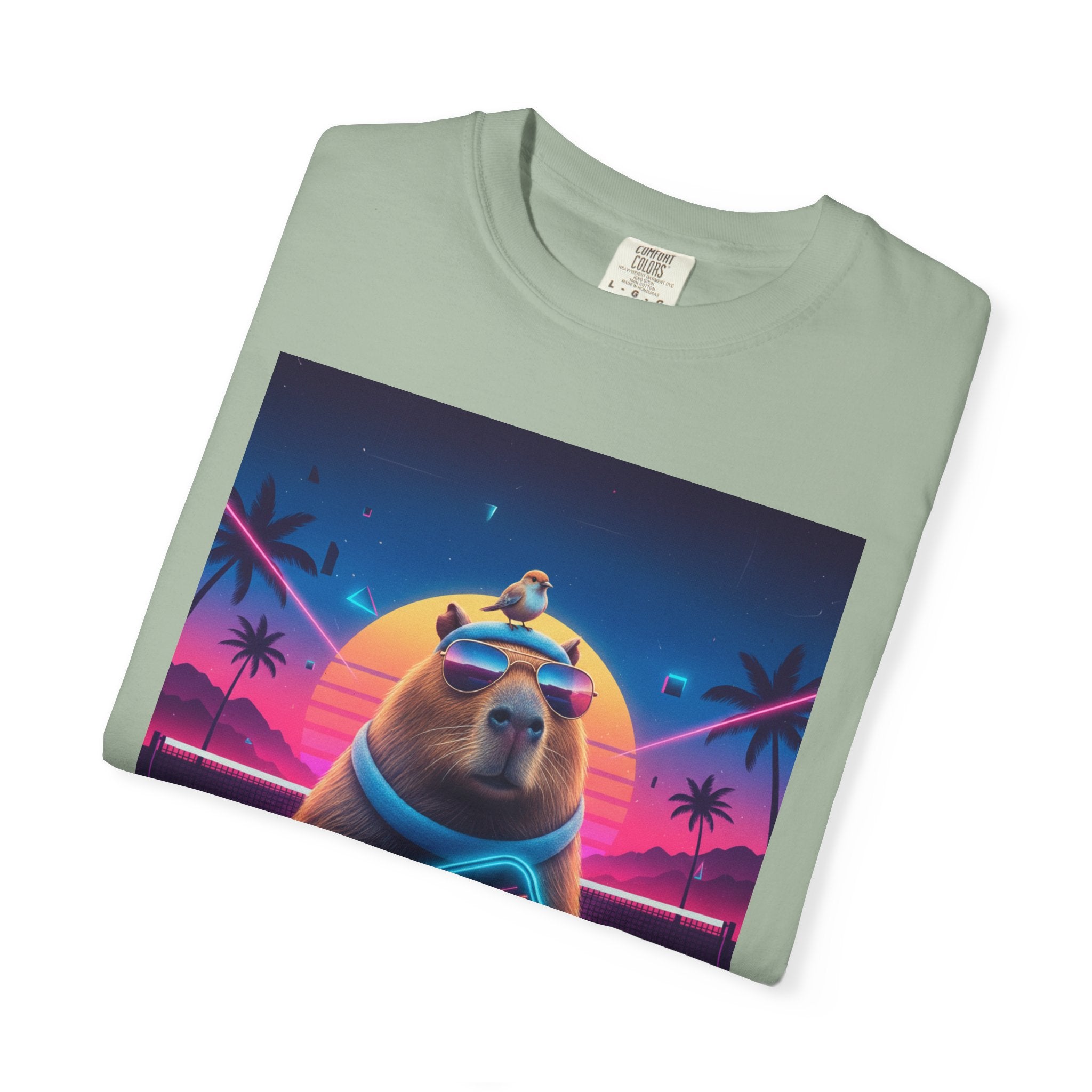 Retro Vaporwave Capybara with Sunglasses T-shirt | Neon Sunset Palm Trees