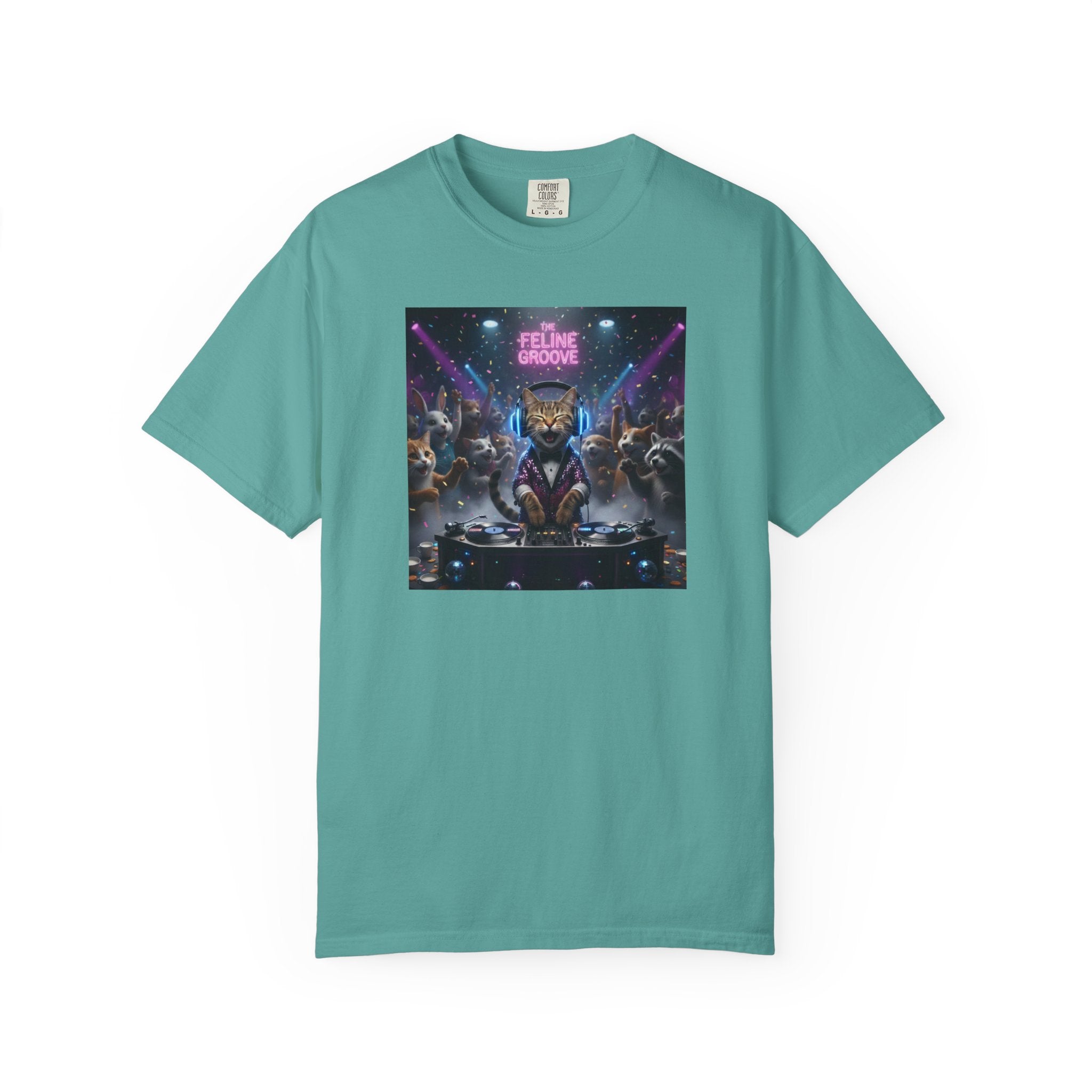 Feline Groove DJ Cat Illustration T-Shirt | Retro Neon Club Scene