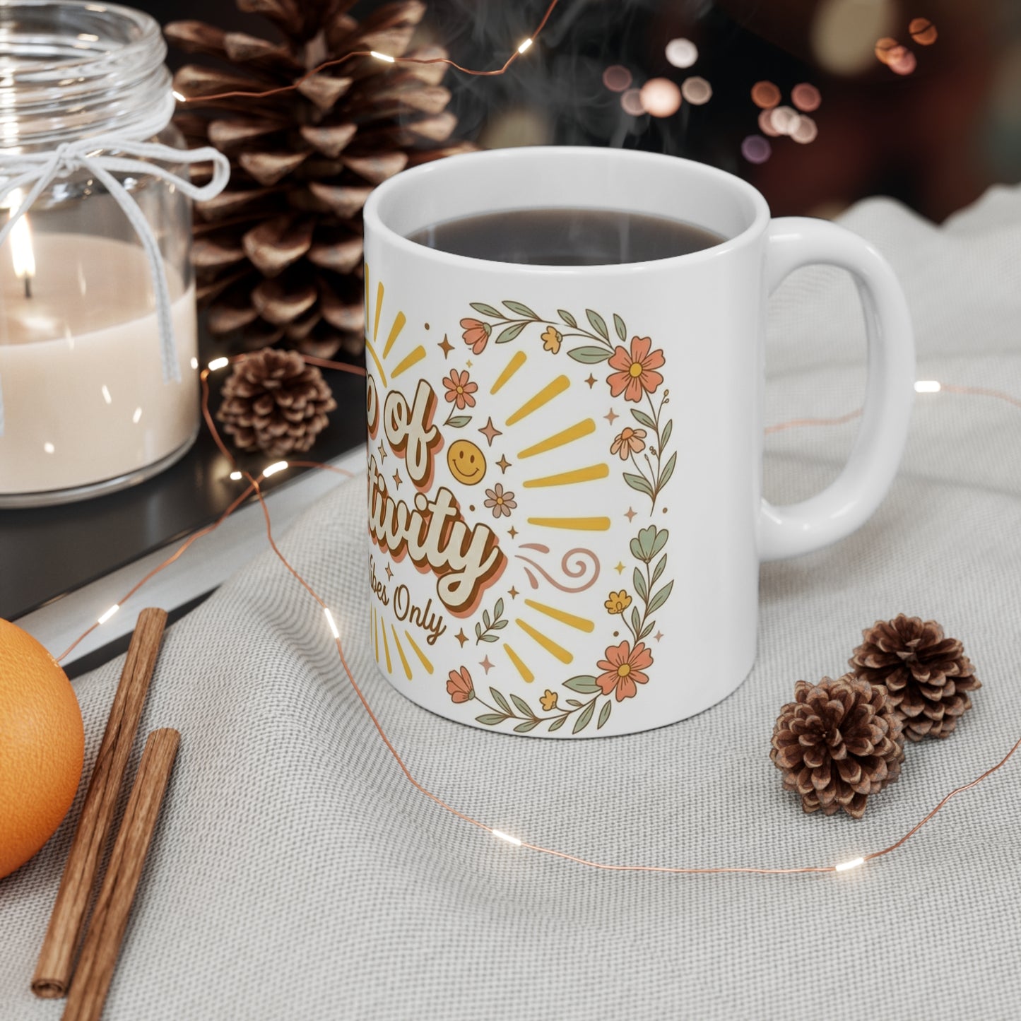 Cup of Positivity mug | Good Vibes Only floral sunburst design