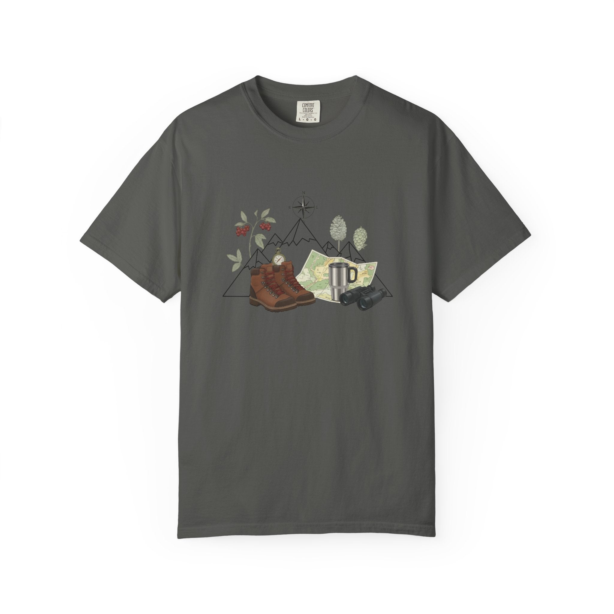Camping Mountain Outdoors Graphic T-shirt | Hiking Boots Trees Flowers