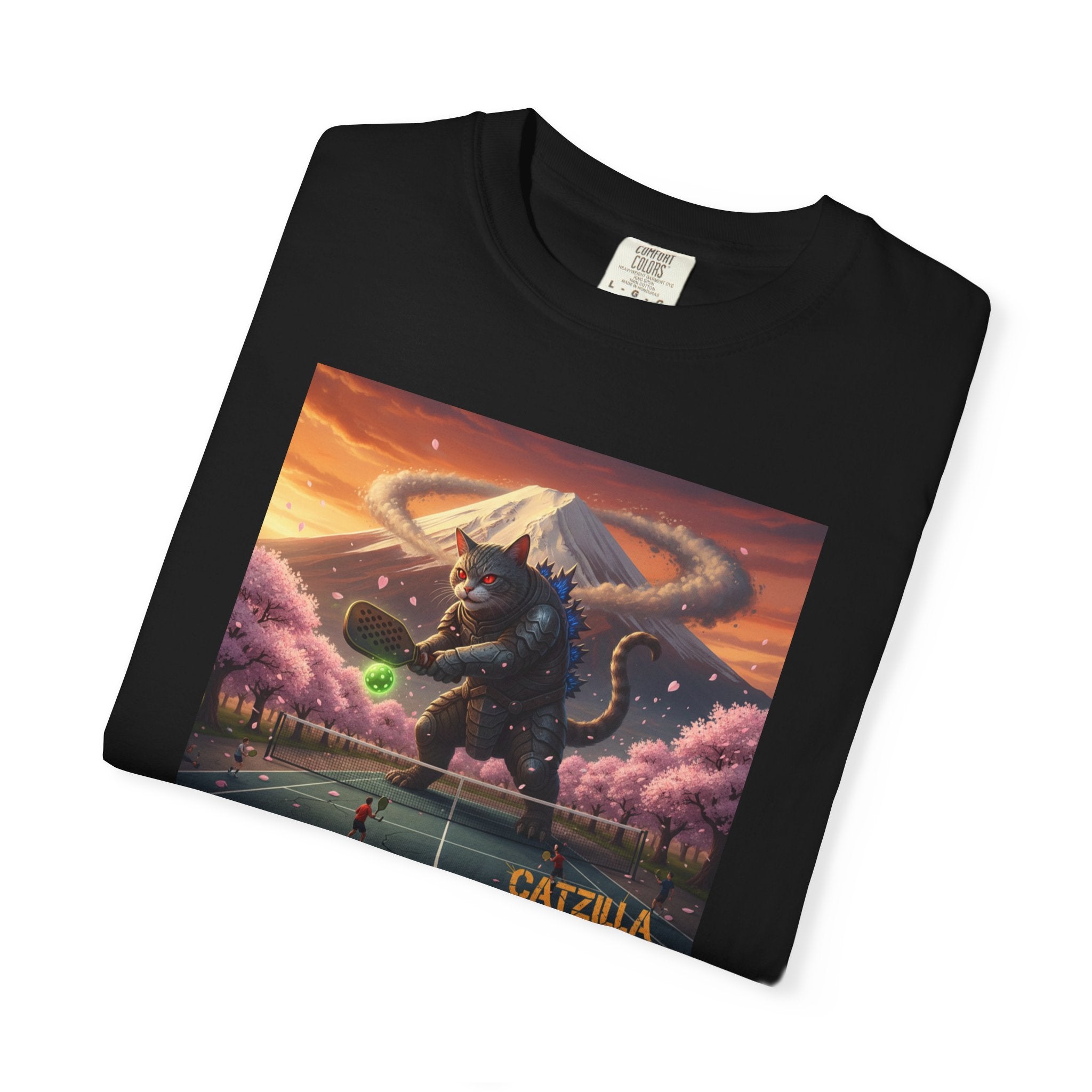 Catzilla Pickleball Destroyer T-shirt | Kaiju Cat Samurai, Mount Fuji Cherry Blossoms