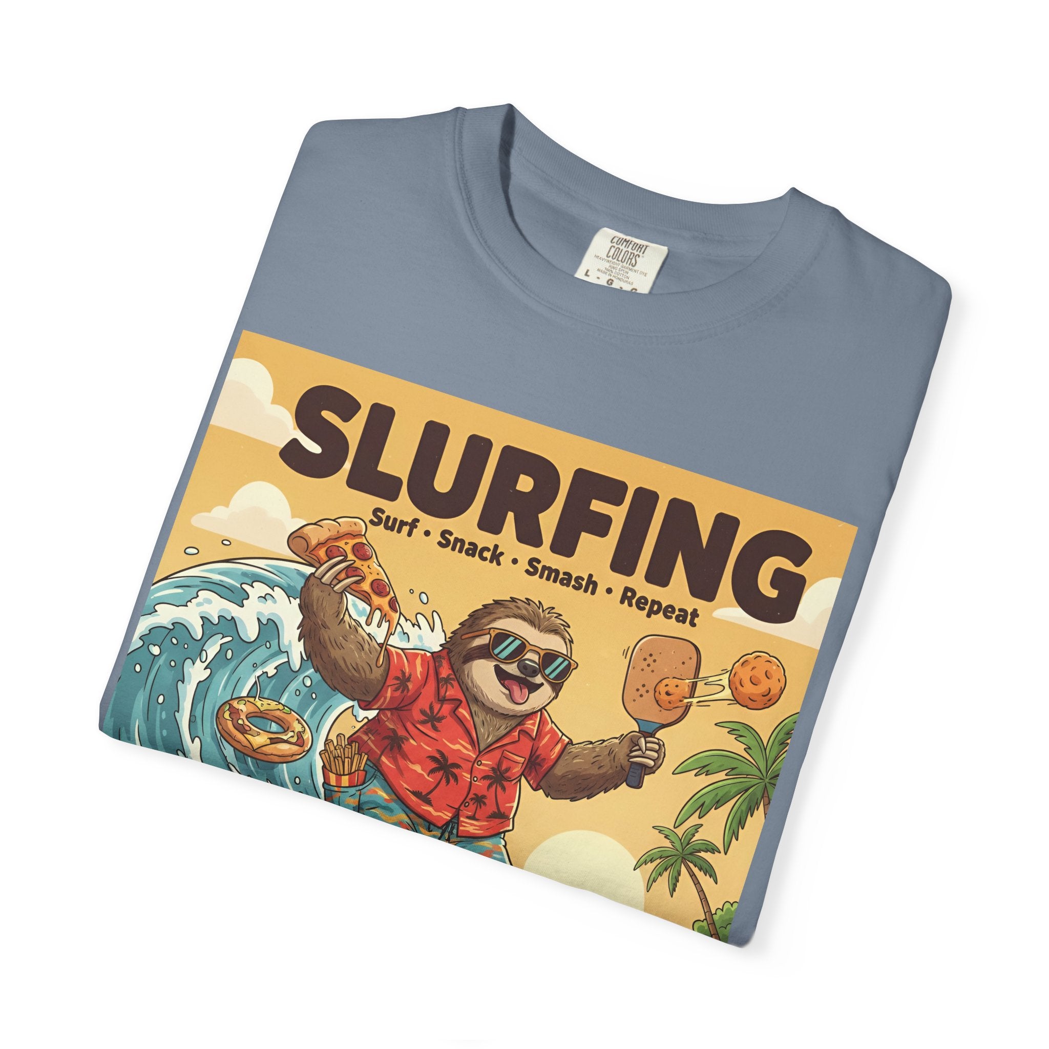 Slurfing Surfing Sloth T-Shirt | Retro Beach Wave Illustration