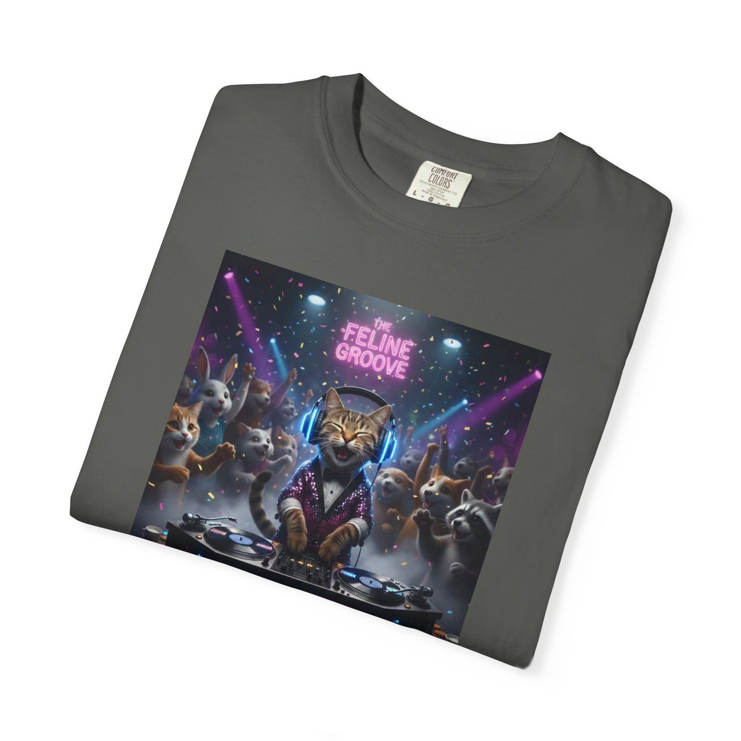 Feline Groove DJ Cat Illustration T-Shirt | Retro Neon Club Scene