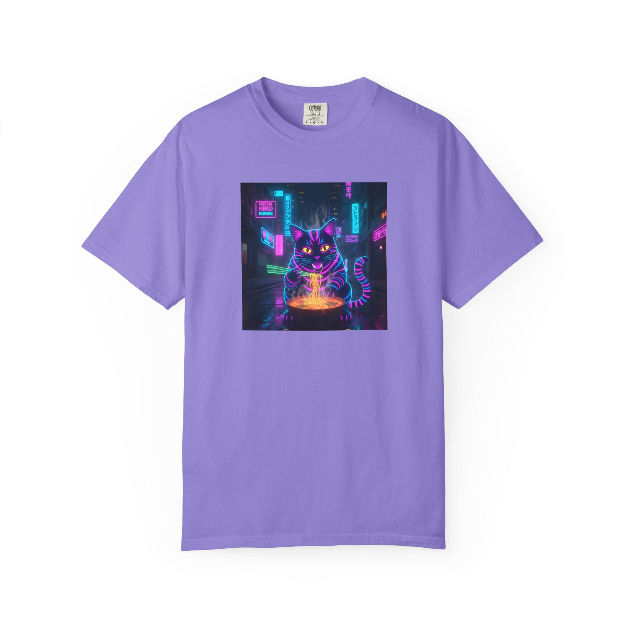 Neon Cyberpunk Cat Mystic Bowl T-shirt | Retro Futuristic Alley Art