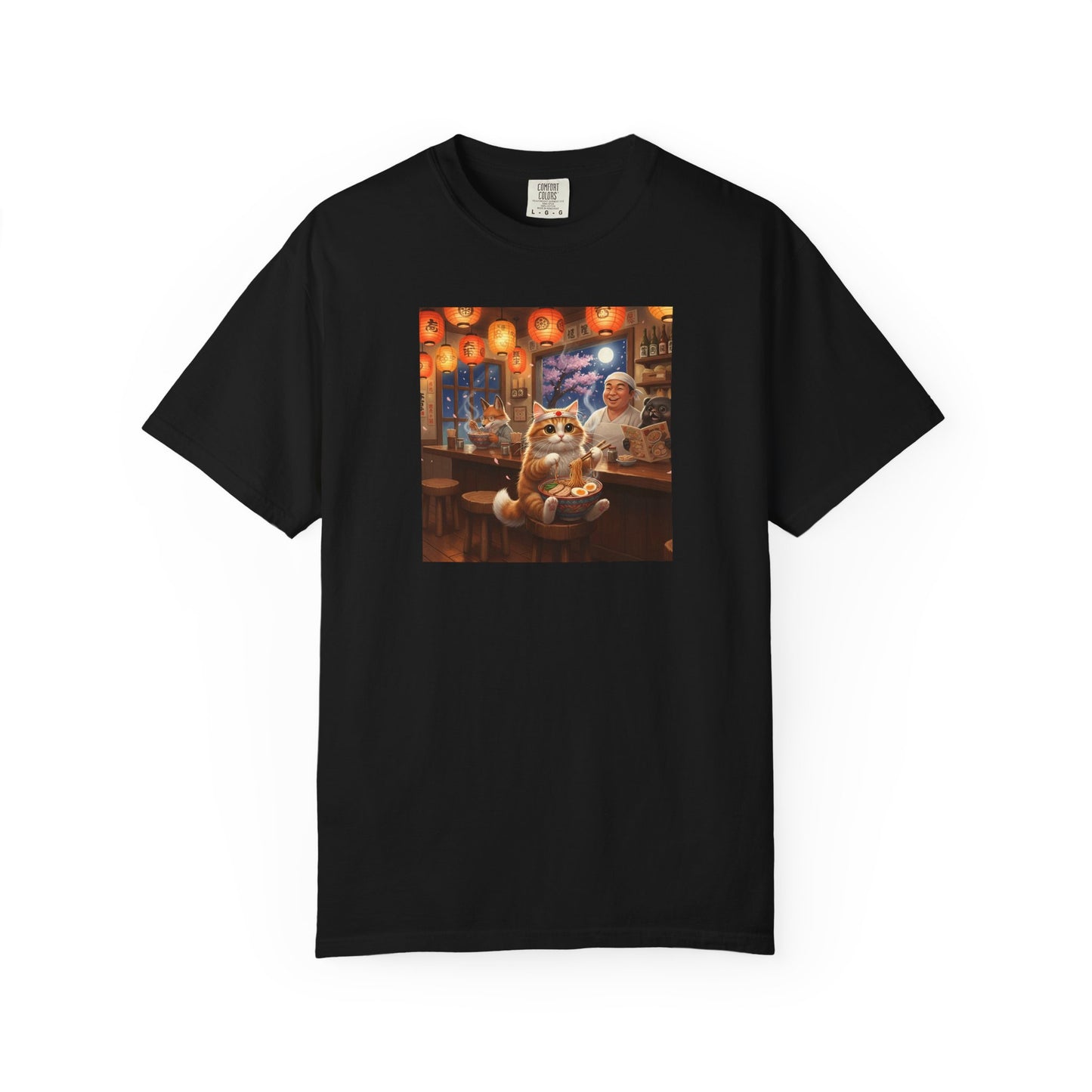 Whiskers and the Wondrous Noodles Cat Bar Ramen Scene T-shirt | Cozy Pub Cat Illustration