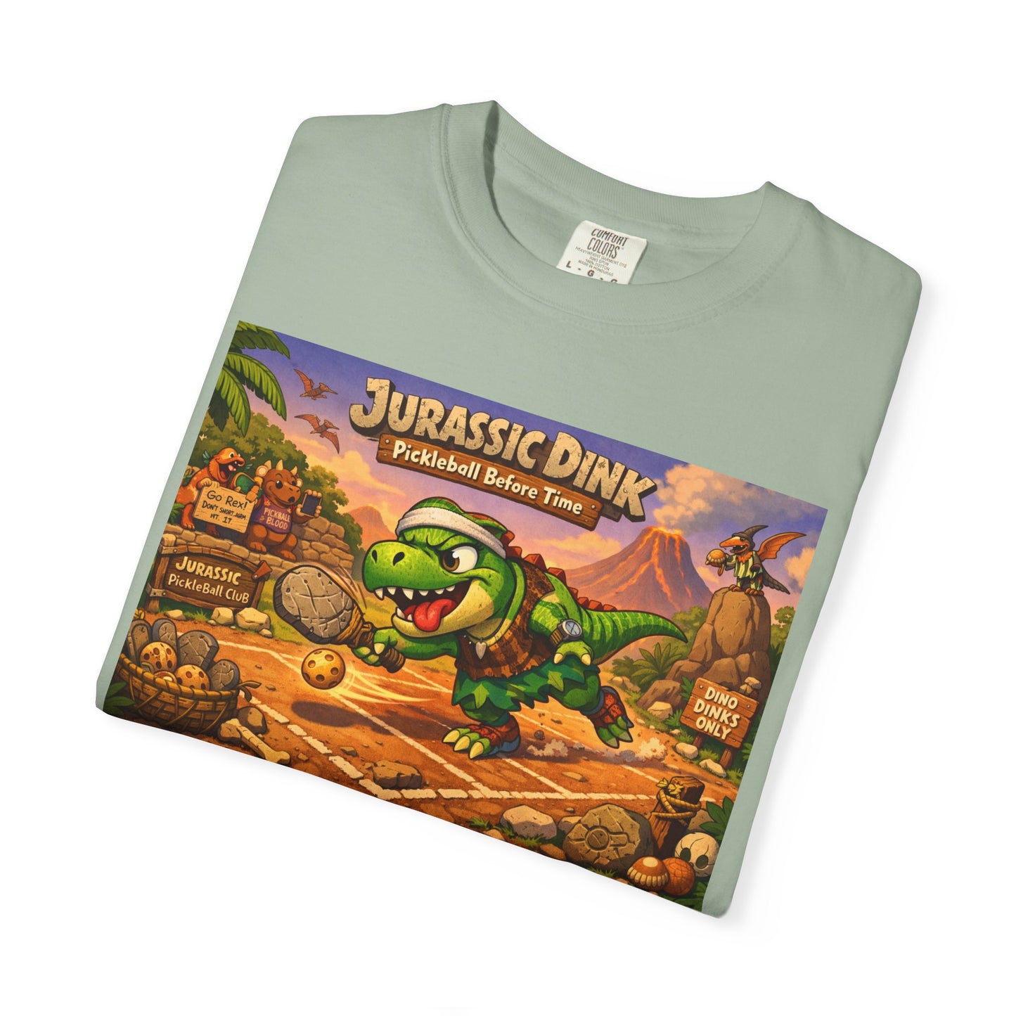 Jurassic Dink Pickleball Dinosaur Arcade Poster T-Shirt | Retro Video Game Shirt