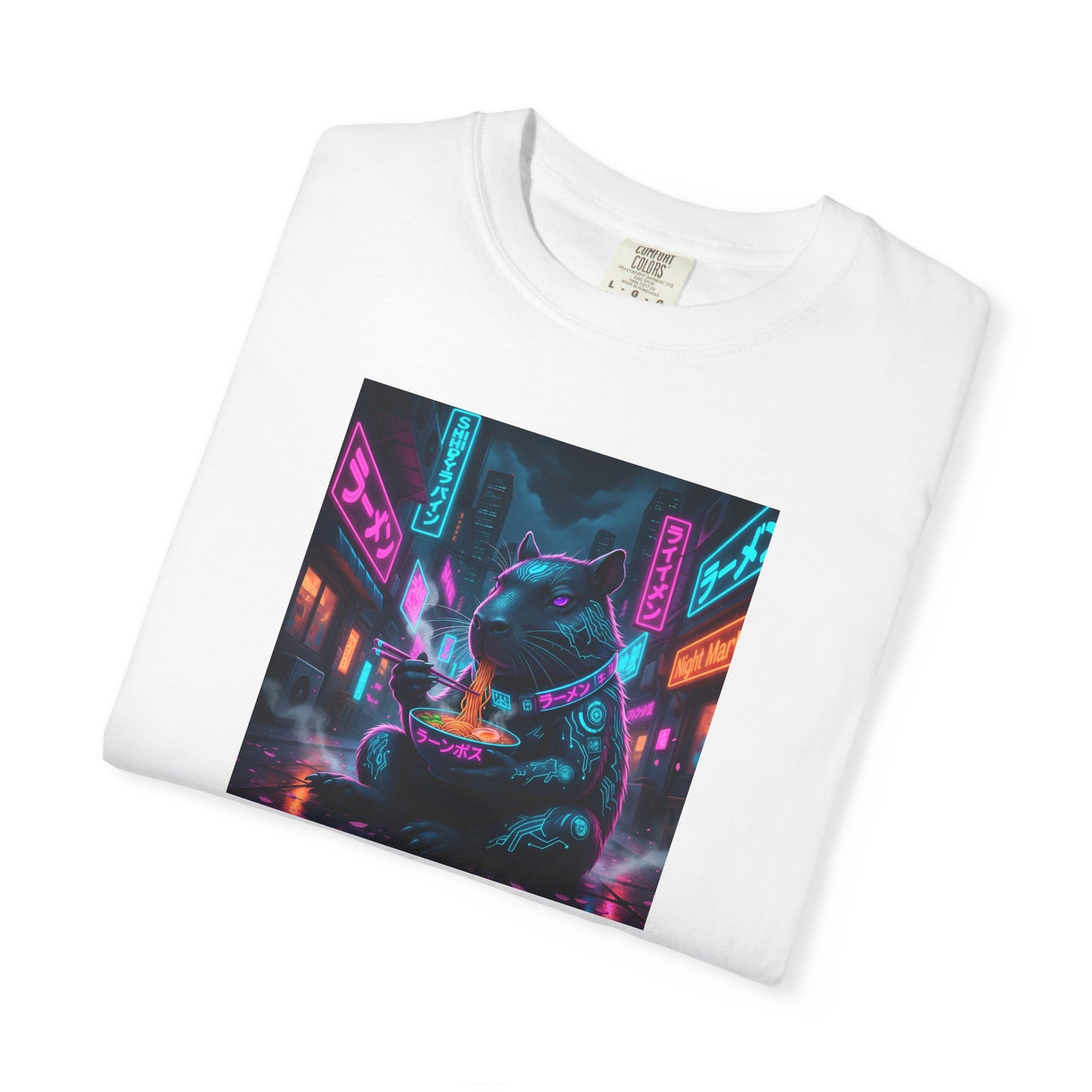 Neon Cyberpunk Capybara Cityscape T-Shirt | Futuristic Night Street Art