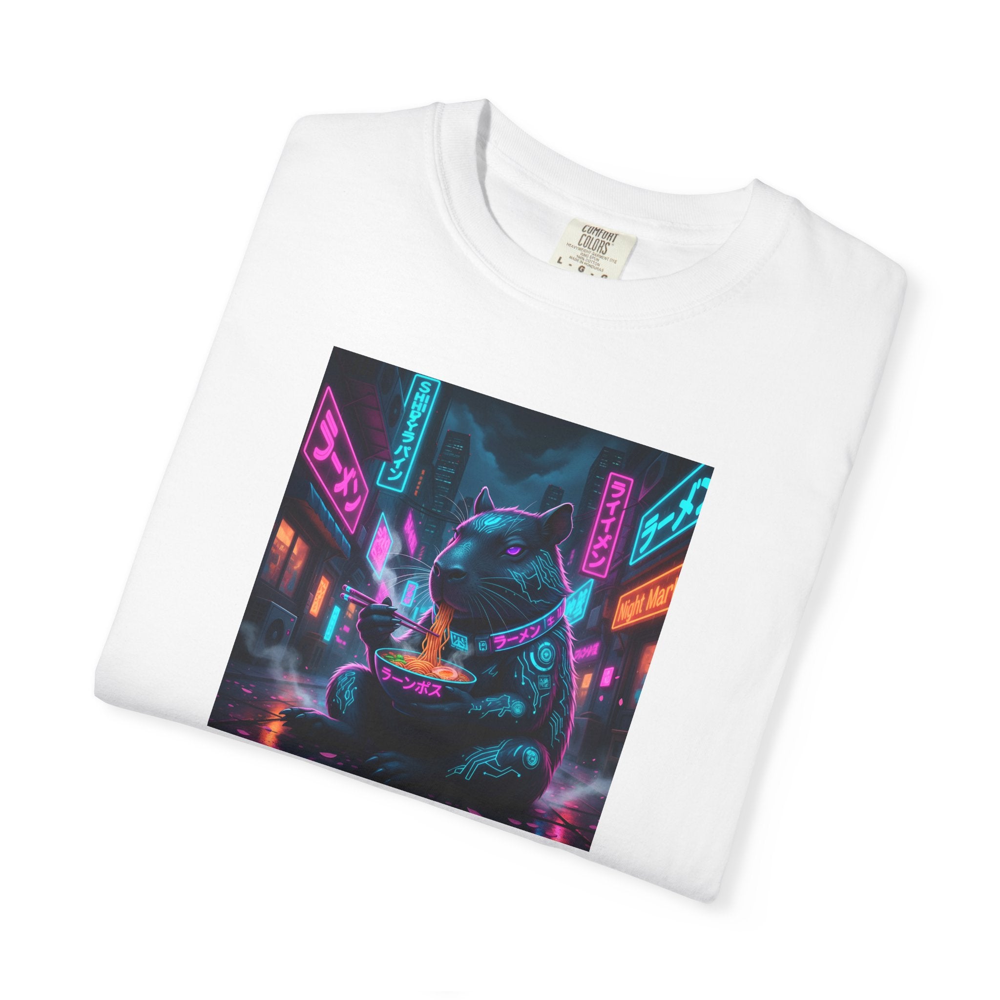 Neon Cyberpunk Capybara Cityscape T-Shirt | Futuristic Night Street Art