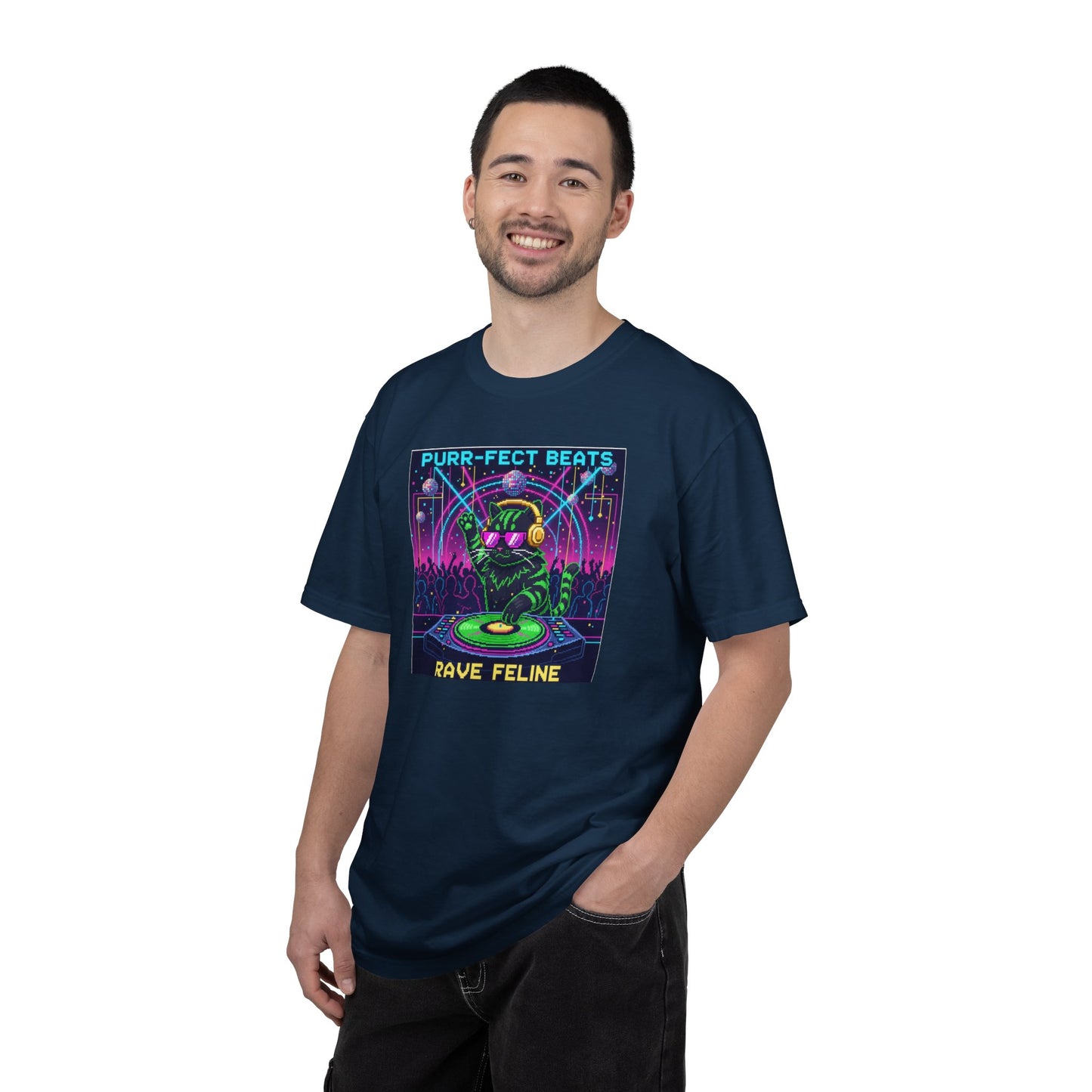 Purr-fect Beats Rave Feline DJ cat T-shirt | Neon EDM club design