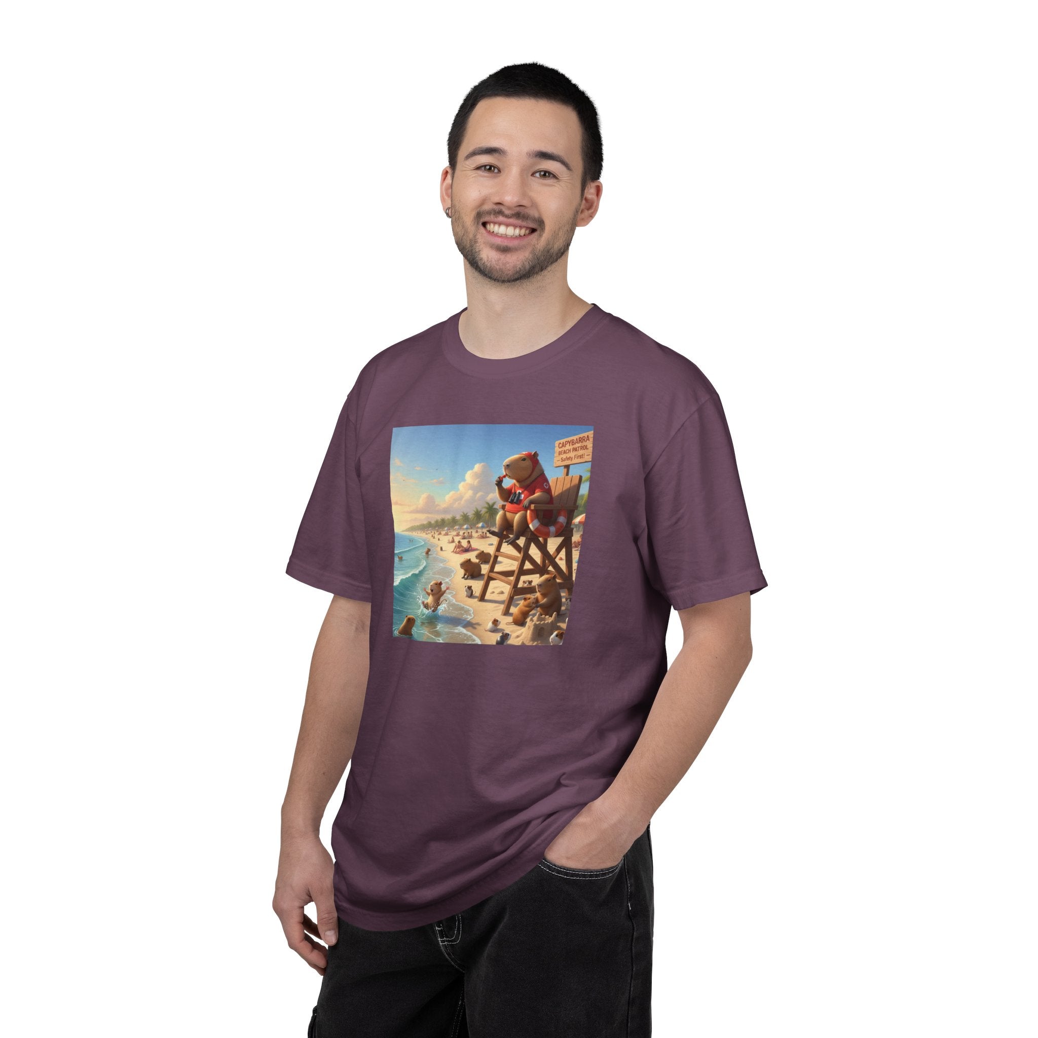 Lifeguard Capybara on Beach T-shirt | Surf Rescue Sunset Scene