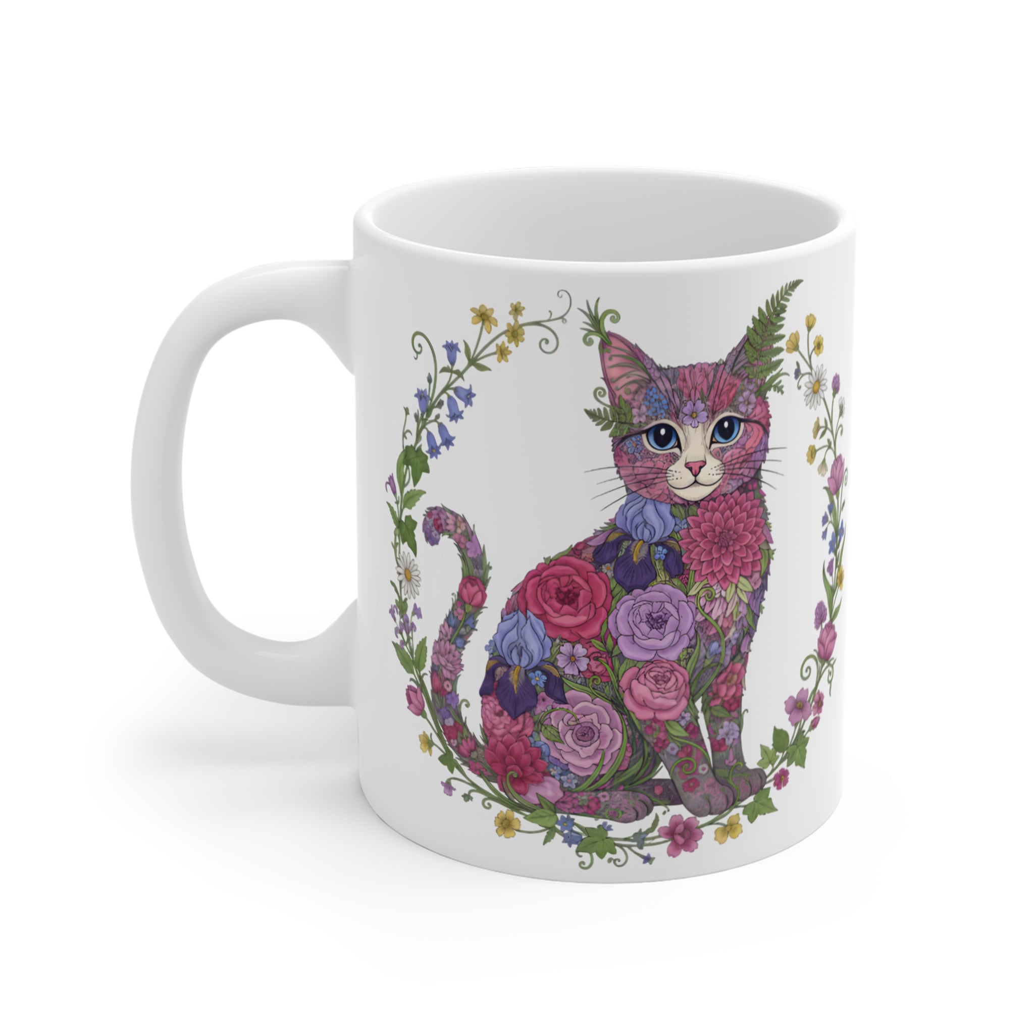 Floral Cat Bouquet Mug | Whimsical Kitten Flower Art 11oz