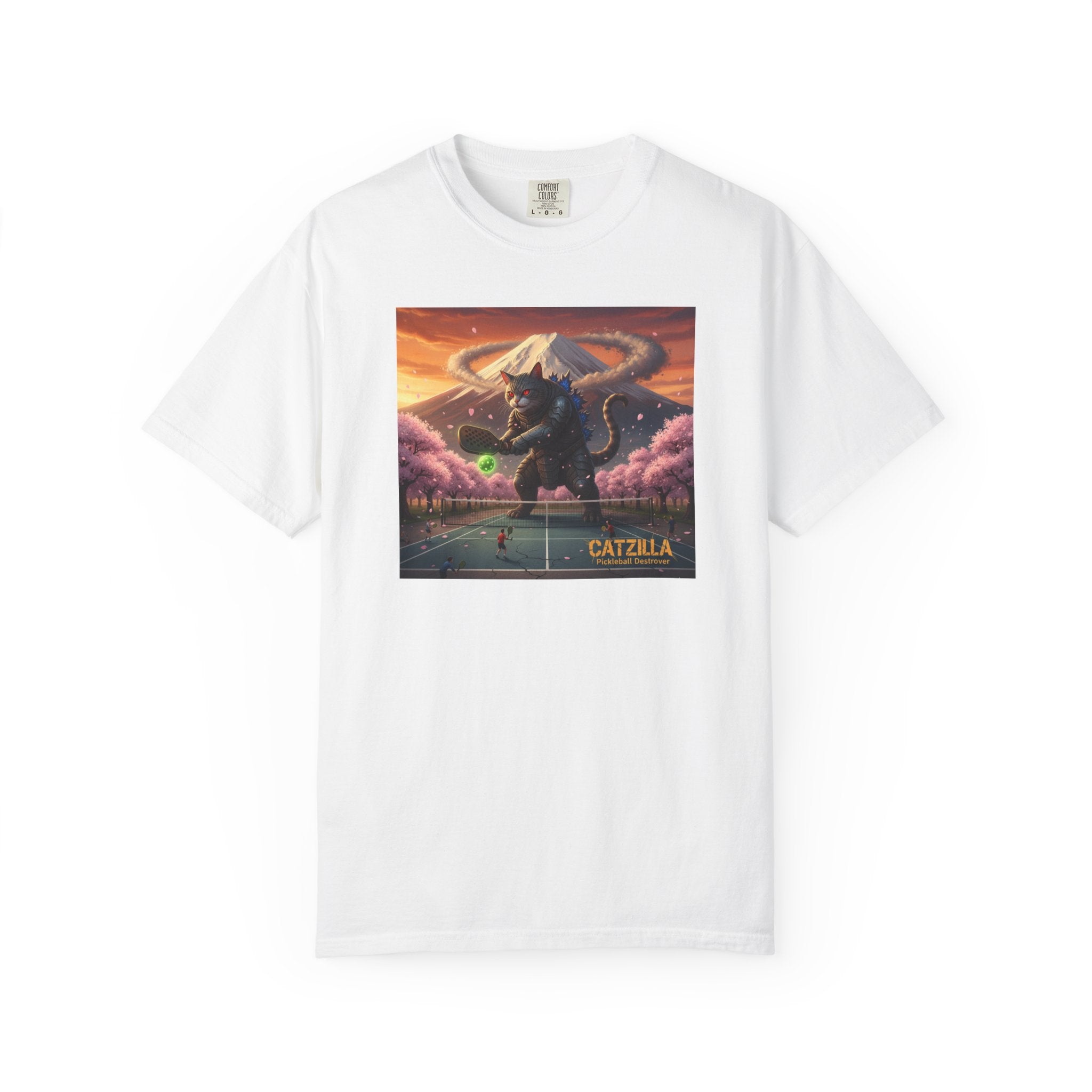 Catzilla Pickleball Destroyer T-shirt | Kaiju Cat Samurai, Mount Fuji Cherry Blossoms