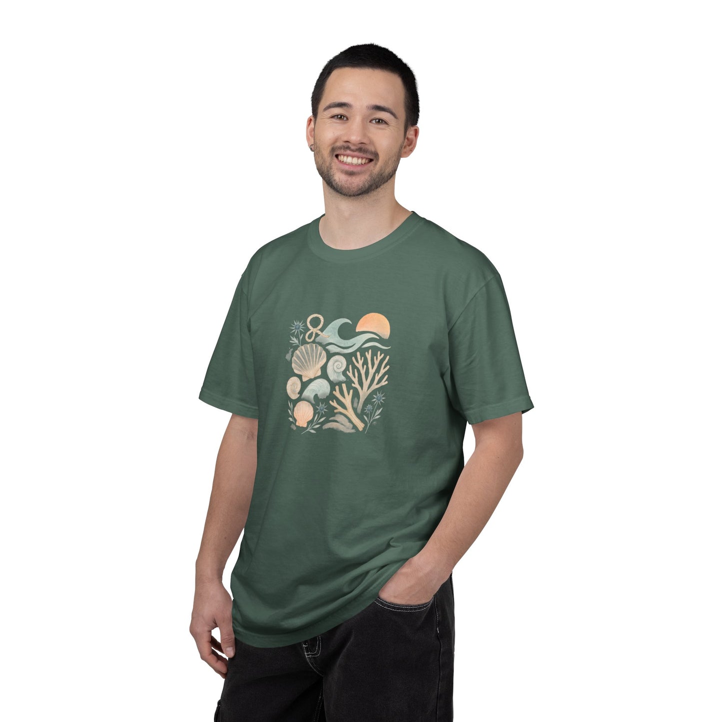 Coastal Seashells and Coral T-Shirt | Beach Wave Sunset Art