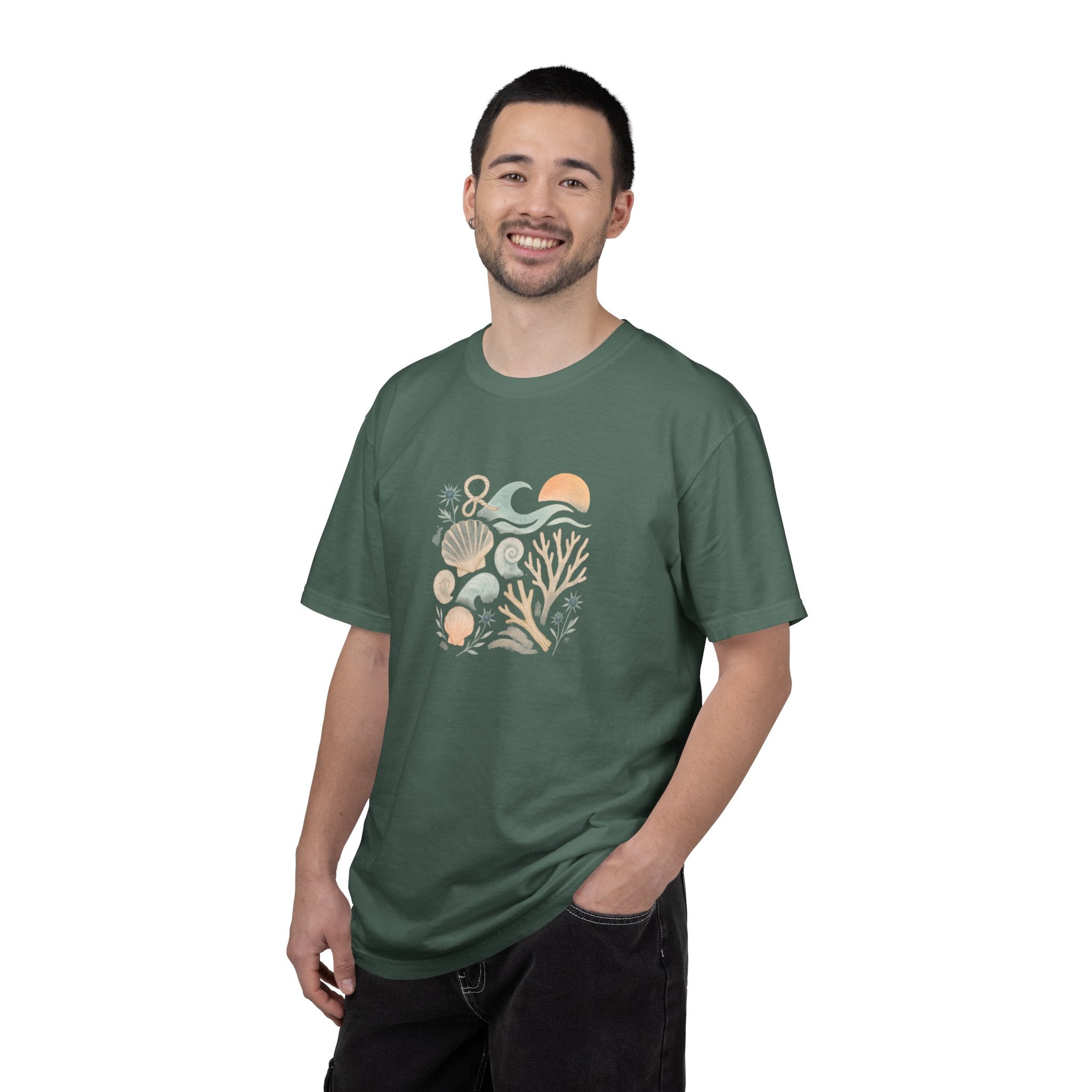 Coastal Seashells and Coral T-Shirt | Beach Wave Sunset Art