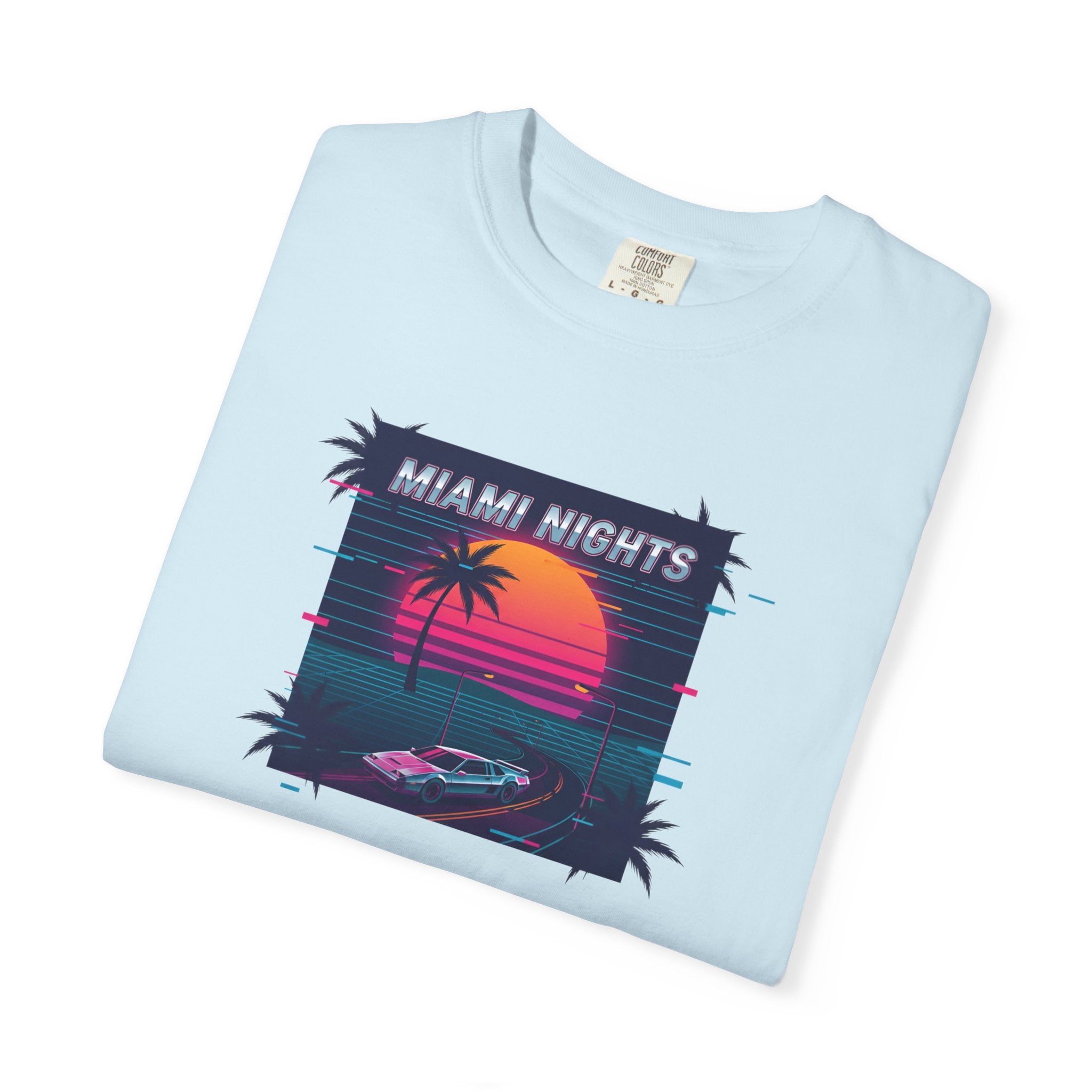 Miami Nights Sunset Palm T-shirt | Retro Vaporwave Beach Scene