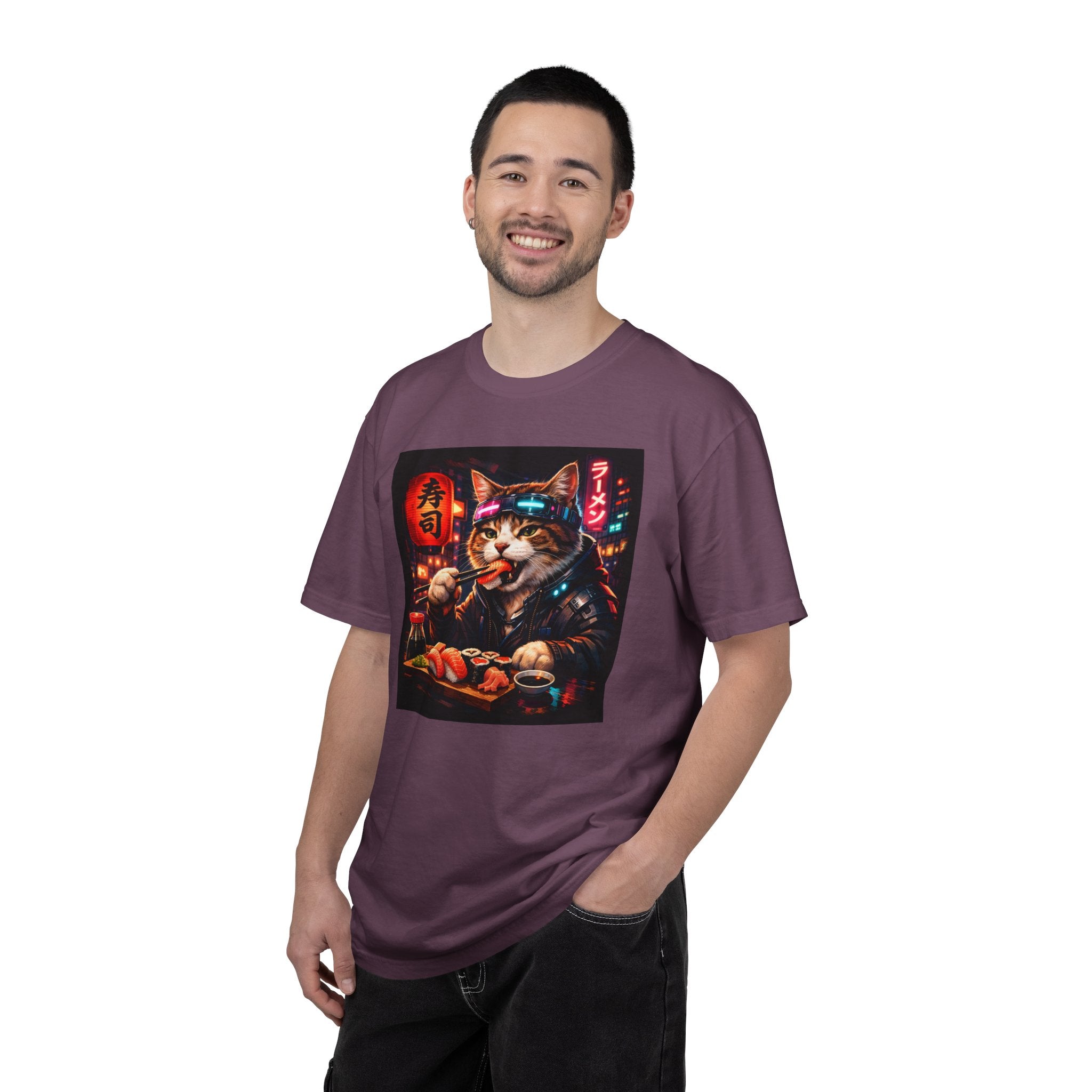 Sushi-Eating Cat T-Shirt | Neon Japanese Street Food Art