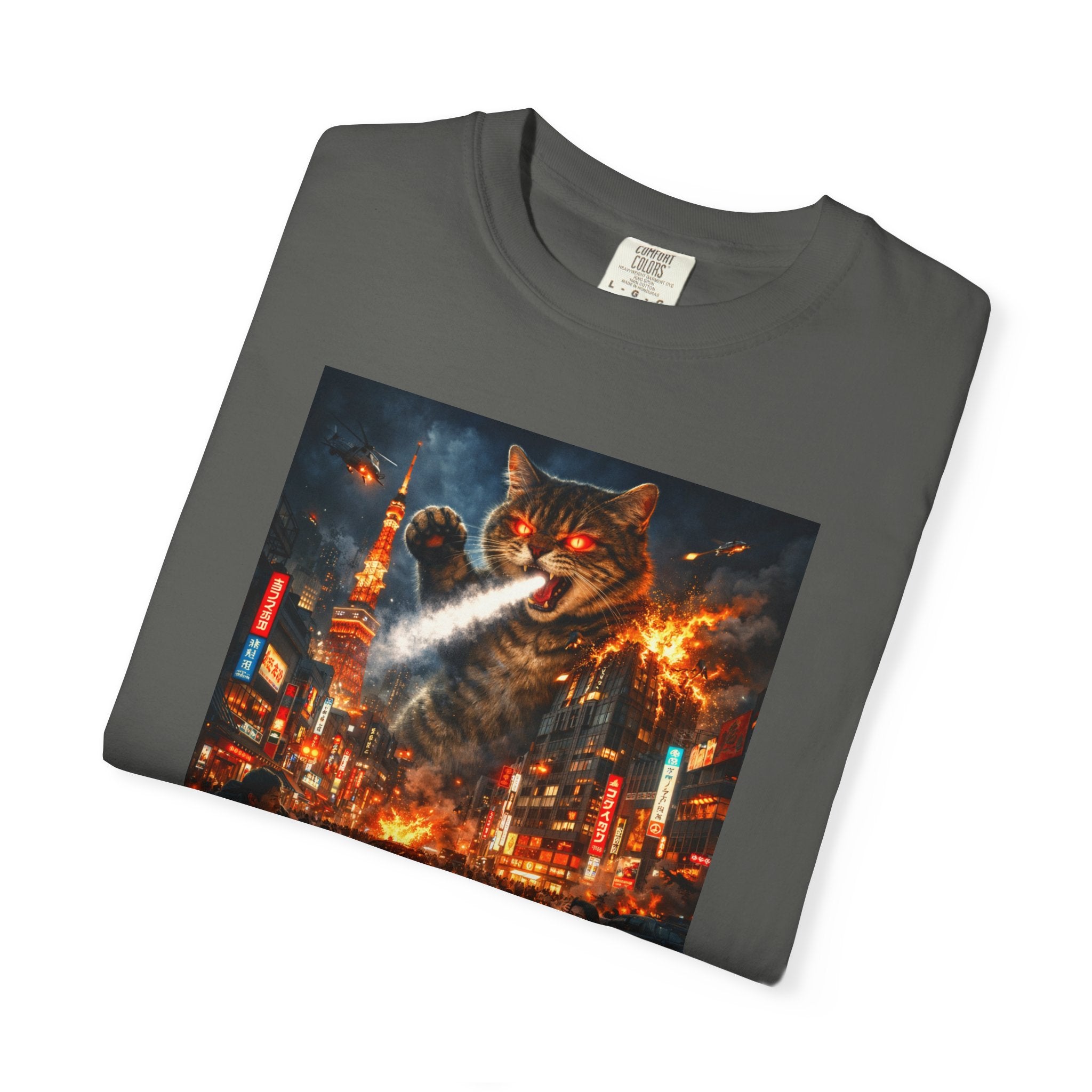 Giant Catzilla Kaiju Rampage T-Shirt | Neon City Monster Battle