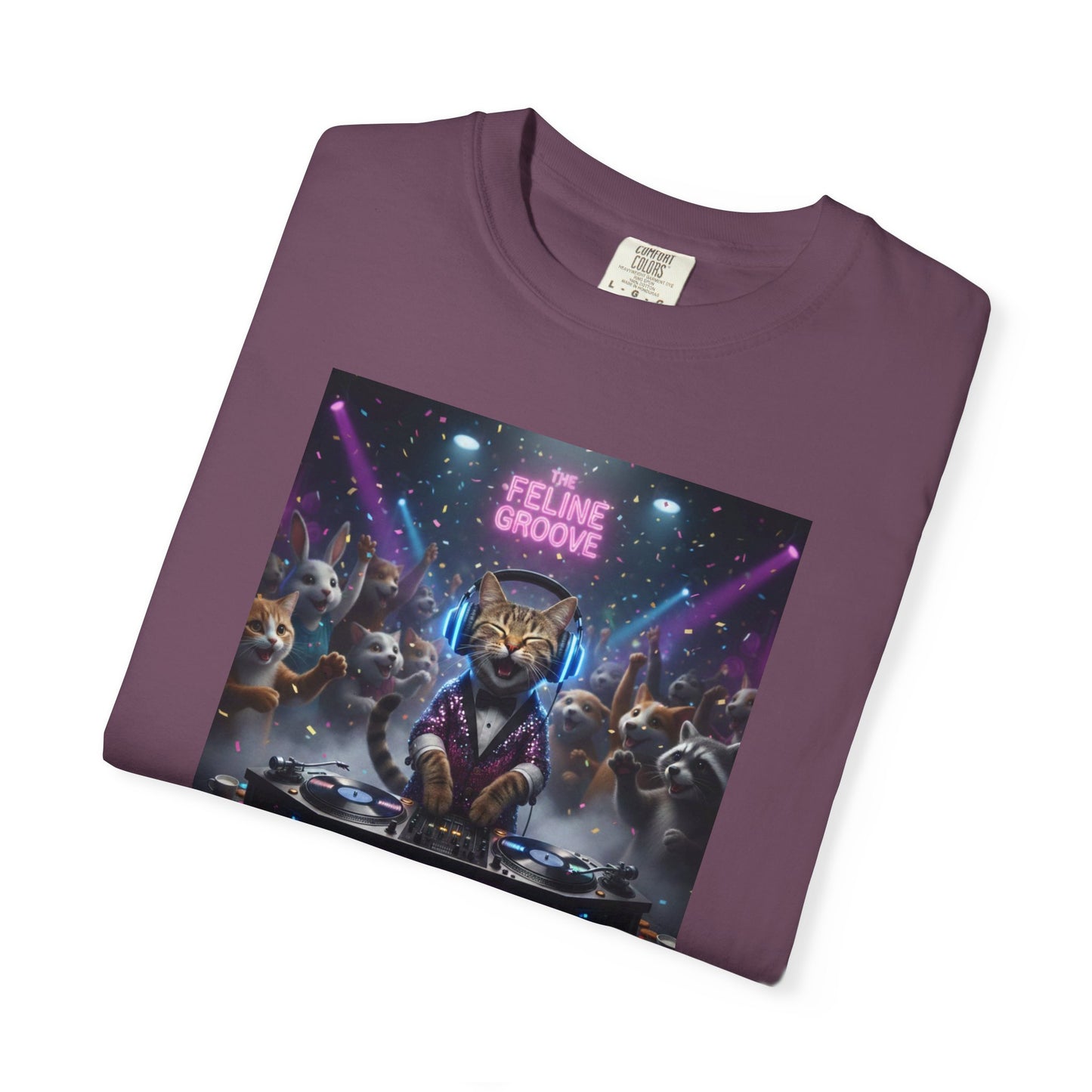 Feline Groove DJ Cat Illustration T-Shirt | Retro Neon Club Scene