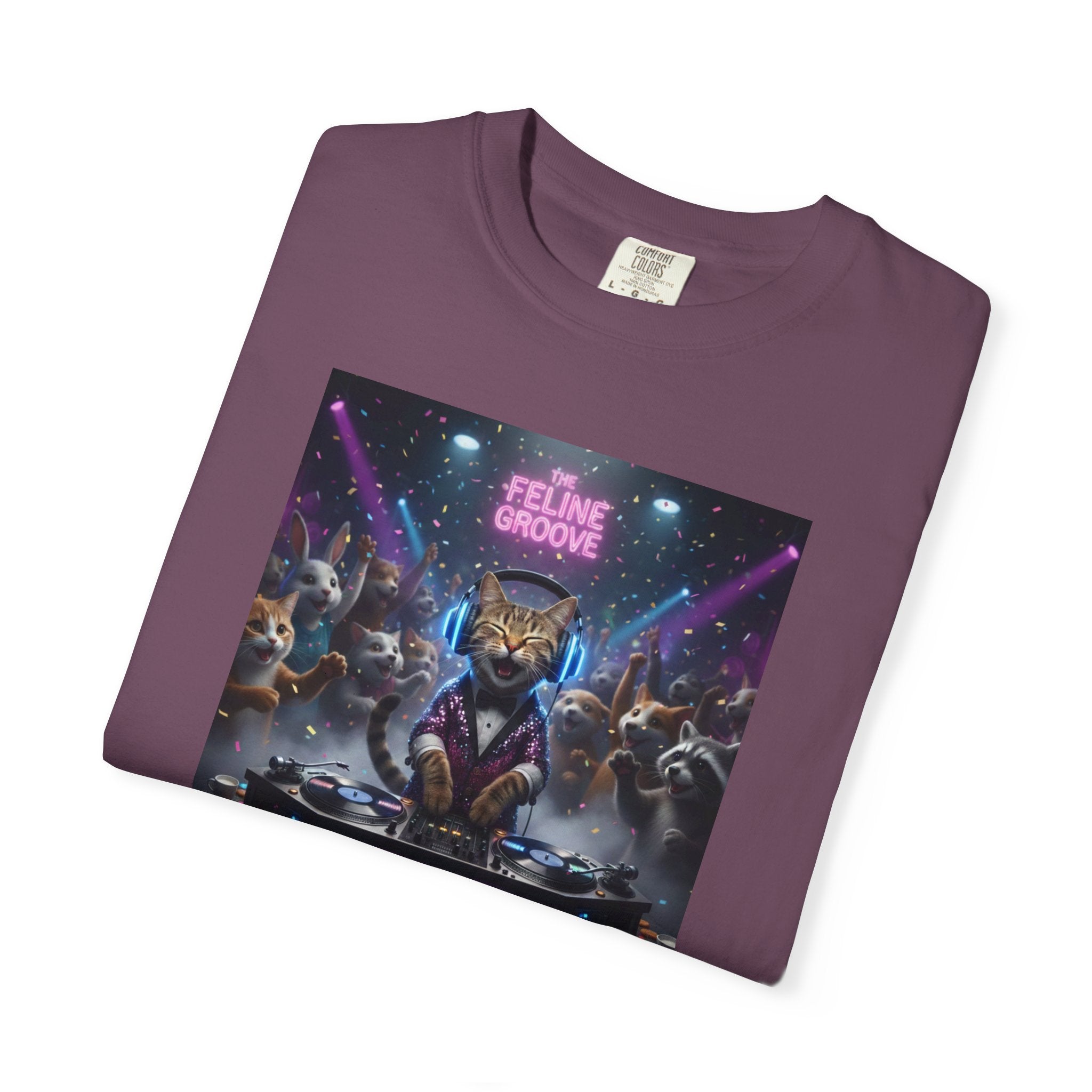 Feline Groove DJ Cat Illustration T-Shirt | Retro Neon Club Scene