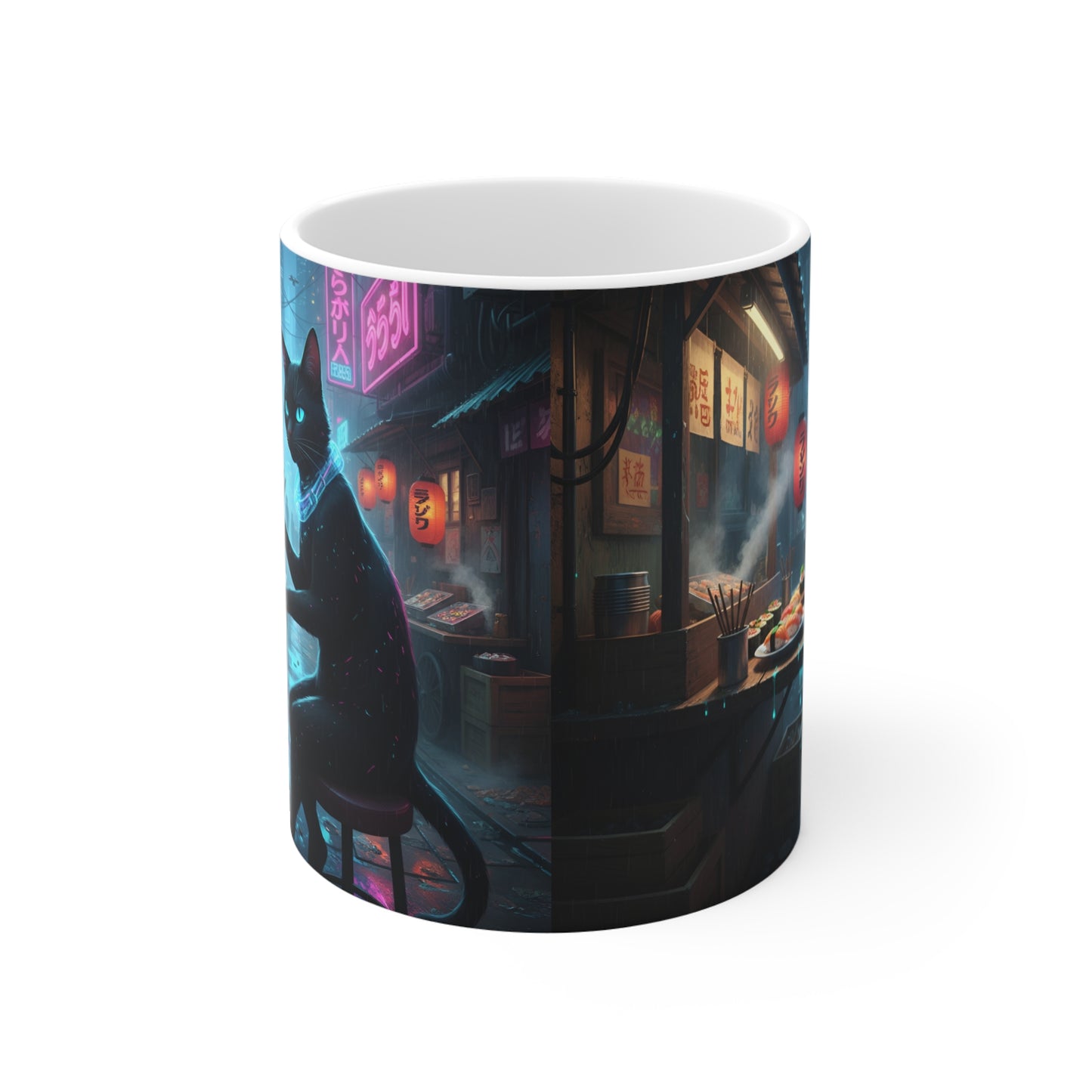 Black Cat Sushi Mug | Neon Cyberpunk Alley, 11oz Ceramic