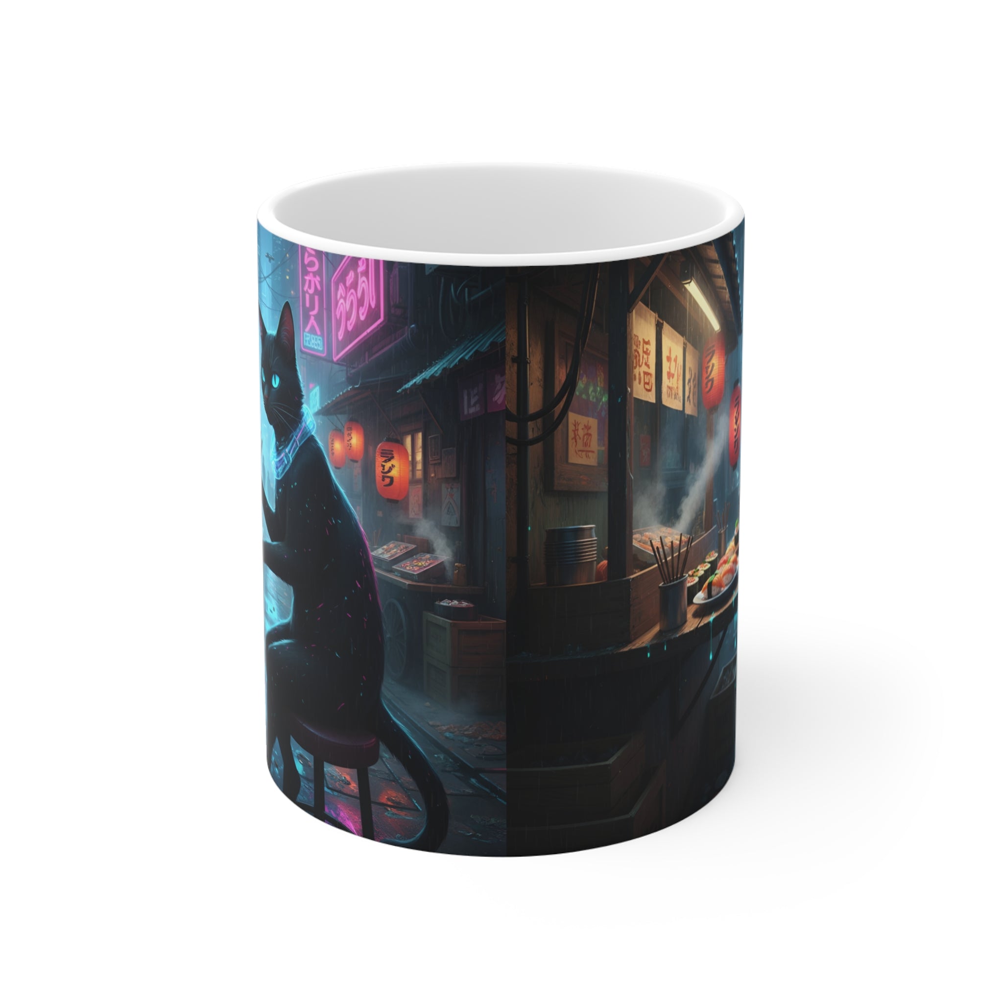 Black Cat Sushi Mug | Neon Cyberpunk Alley, 11oz Ceramic